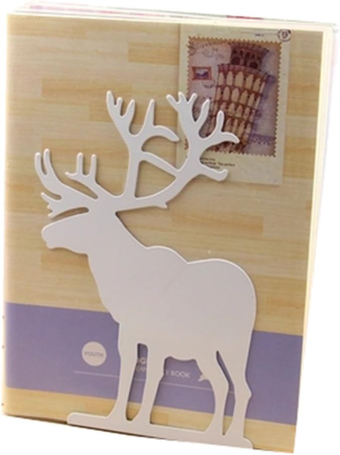 Winterworm Fashion Creative Cartoon Cute Iron Elk Moose Pattern Nonskid Metal Office Desk Bookends (White)