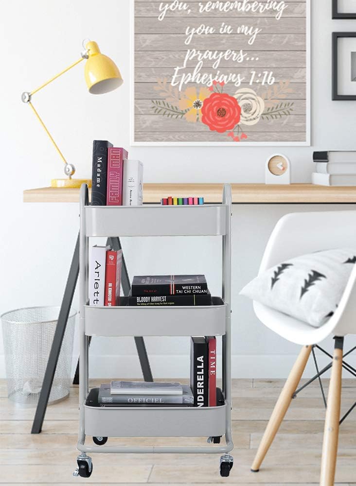 Melody House 3-Tier Metal Mesh Utility Rolling Cart Storage Organization Cart with Wheels, Light Gray