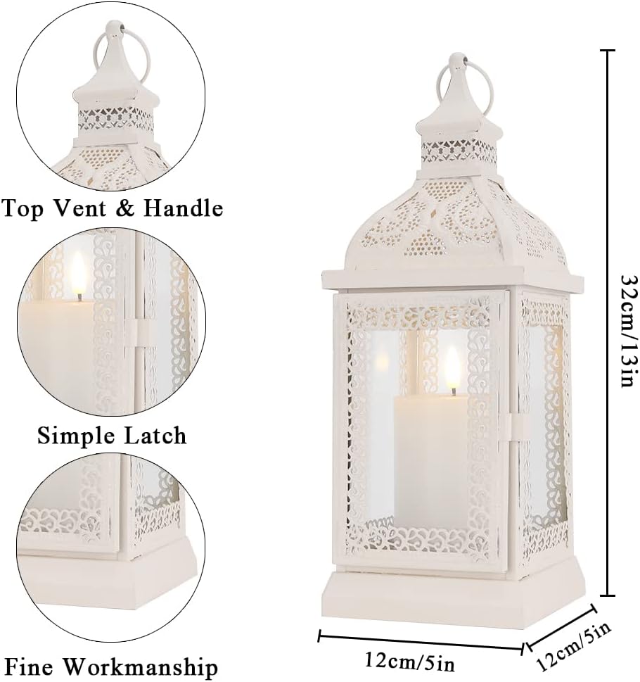 TRIROCKS Rustic Style Metal Candle Lantern 13'' High Decorative Outdoor Lantern Candle Holder with Tempered Glass for Thanksgiving Christmas Living Room Garden Patio Parties Indoors Outdoors (Cream)