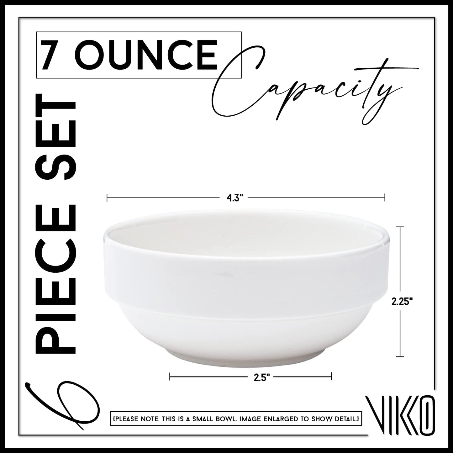 Vikko Small 7 Ounce White Bowl, Set of 6 White Dessert Bowls, Fine Porcelain, Stackable Small Snack Bowl, Dishwasher Safe