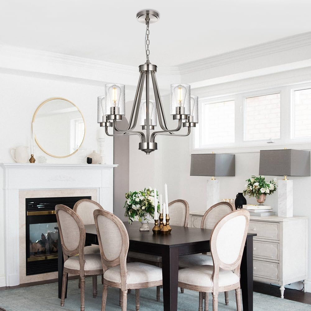 5-Lights Modern Pendant Light Fixtures, Wagon Wheel Dining Room Chandelier in Brushed Nickel, Hanging Ceiling Home Lighting for Foyer Kitchen Bedroom