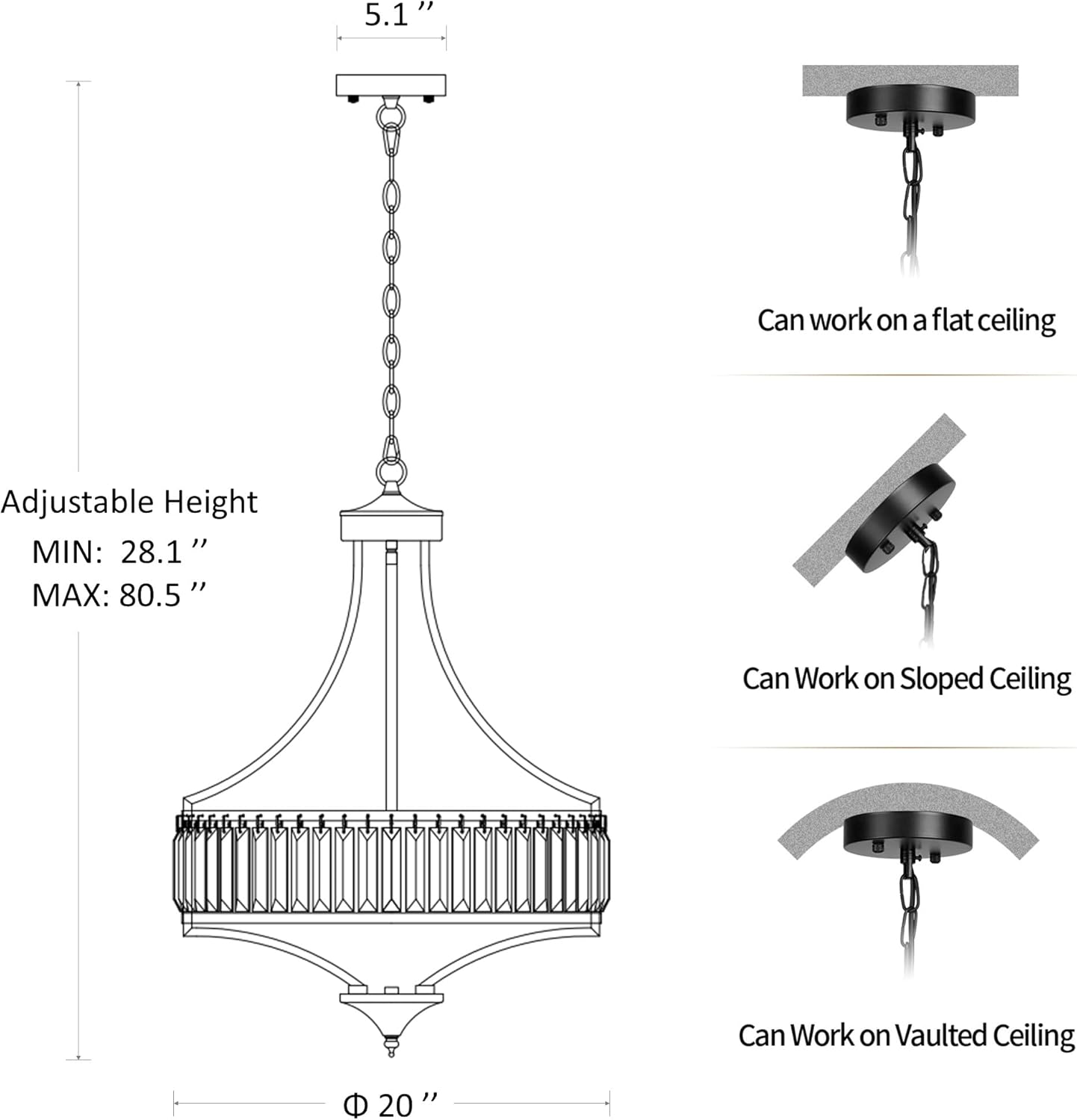 20" Modern Farmhouse Crystal Chandeliers for Dining Room, 5-Light Black Antique Pendant Chandelier, Contemporary Hanging Light Fixture for Living Room Bedroom Foyer Kitchen Island Entryway