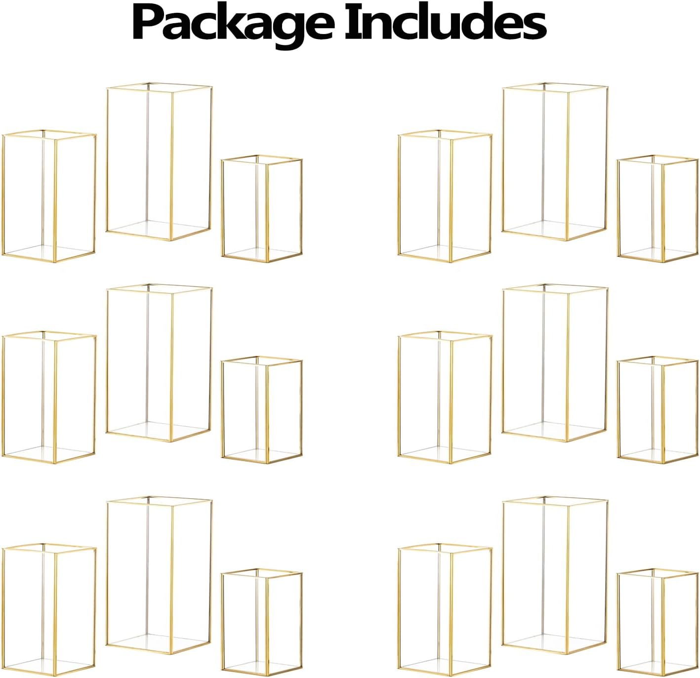 Hewory Glass Hurricane Candle Holder Set of 18, Gold Large Hurricane Centerpiece for Table, Tall Floor Square Pillar Candle Holders Lantern Set for Wedding, Anniversary, Party, Fireplace, Dining Room