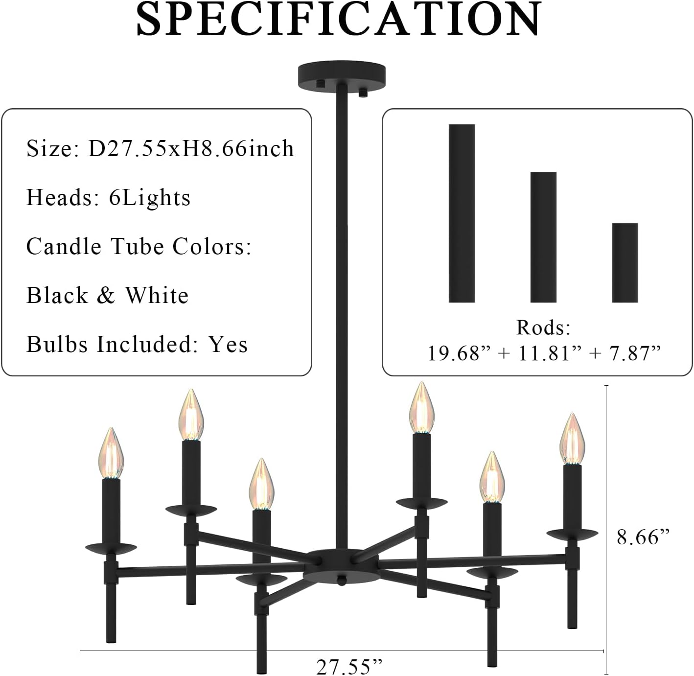 Black LED Chandeliers, Round Candle Hanging Lamp Ceiling, Modern Bedroom Chandelier Light Fixture for Kitchen Island Dining Room Living Room Farmhouse (Black-B 6Lights)