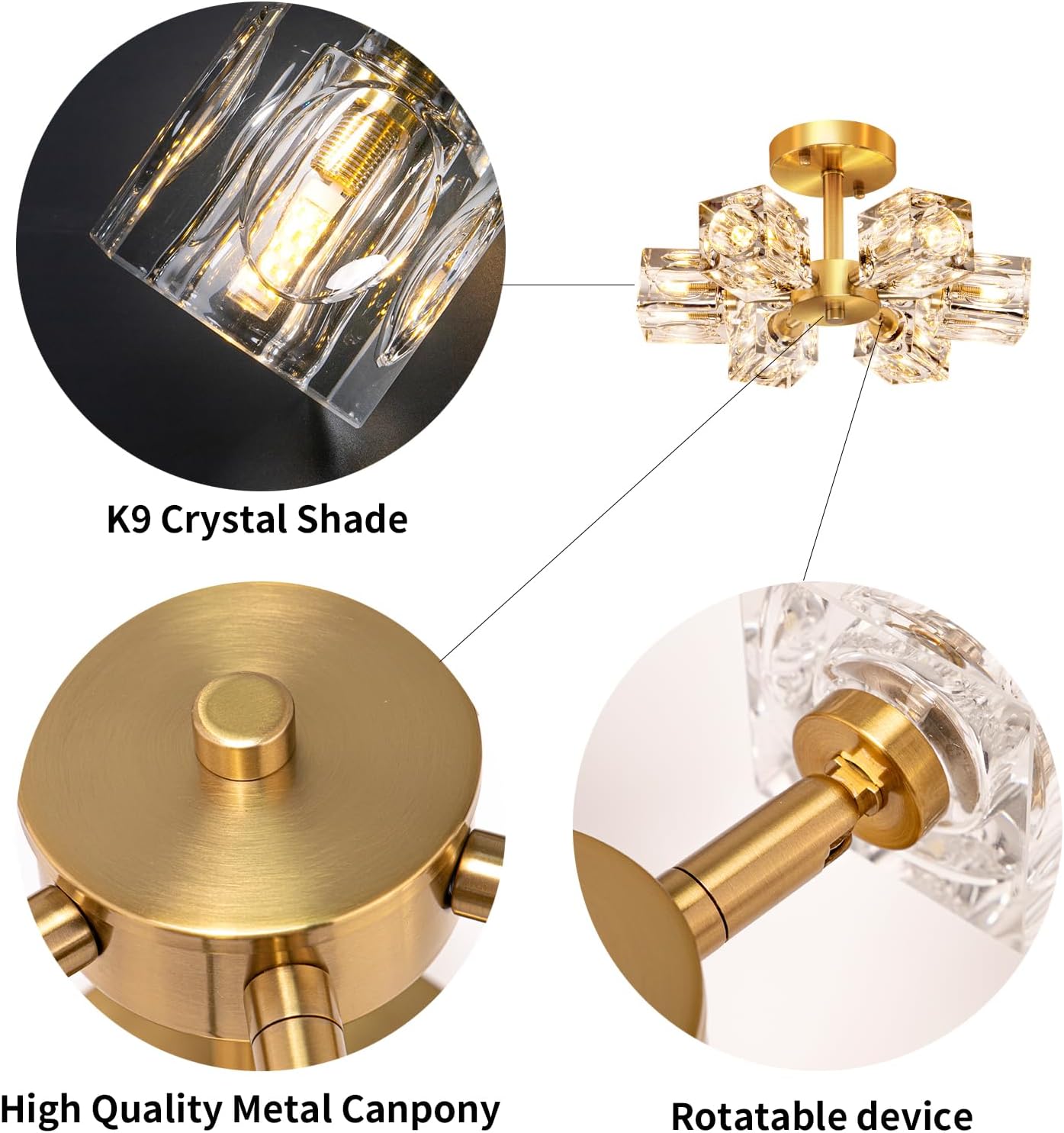 Semi Flush Mount Ceiling Light Fixture Modern 6 Lights Gold Crystal Chandelier,Brushed Nickel Sputnik Chandeliers for Hallway Entryway Bedroom Dining Room Farmhouse Kitchen Office