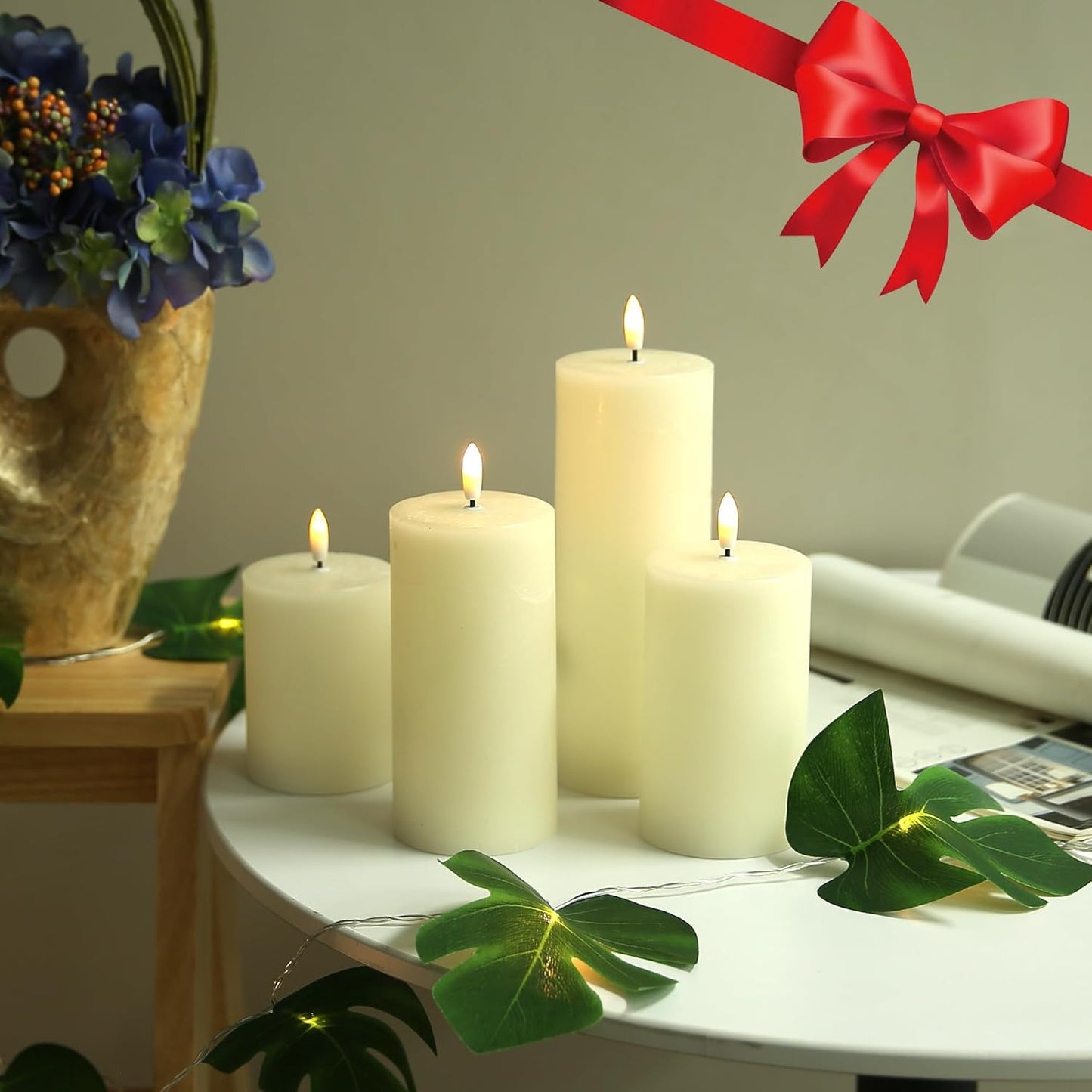 LUSHABOR Flameless Candles, 4 Pack Battery Operated Candles with Remote, Real Wax LED Fake Candles with Timer Flickering for Christmas Wedding Home Party D3 H 5" 6" 7" 9" Ivory