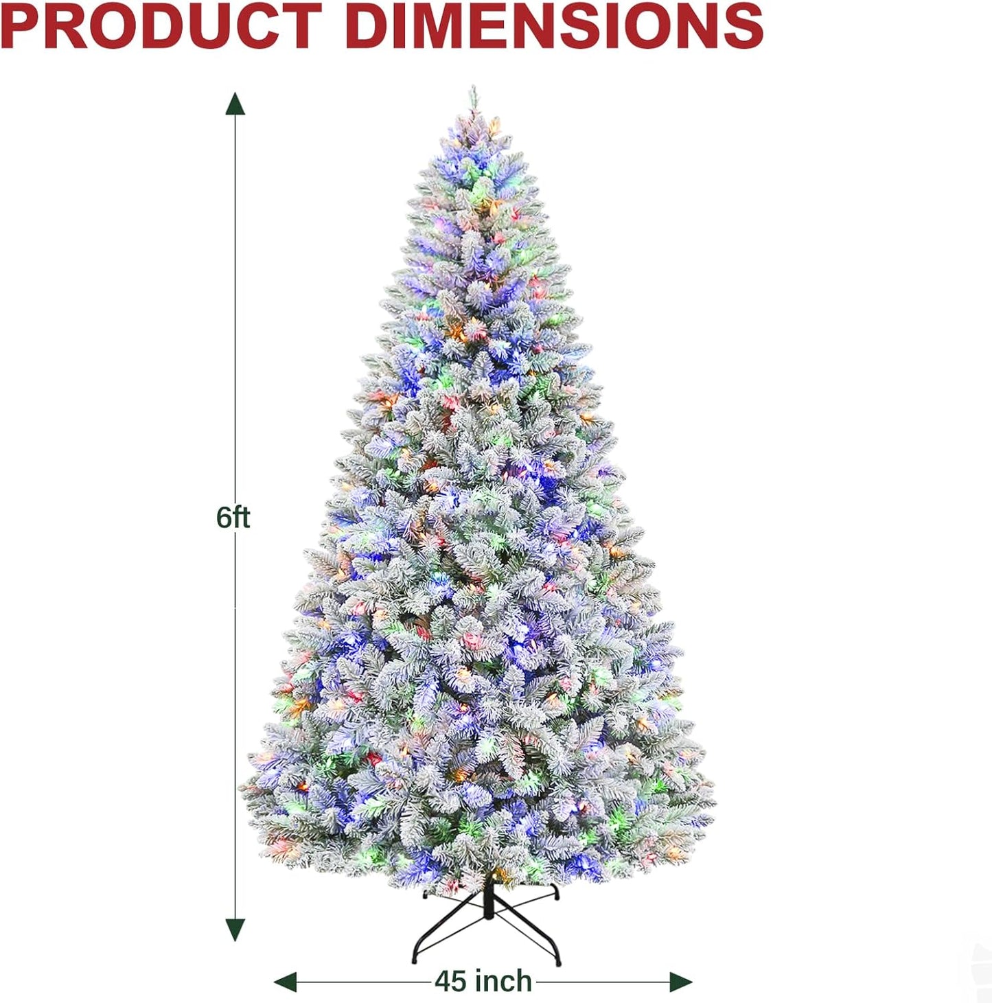 Hykolity 6 ft Prelit Christmas Tree with 250 Color-Changing LED Lights, Snow Flocked Artificial Christmas Tree with 1032 Tips, Metal Stand and Hinged Branches, 10 Colors