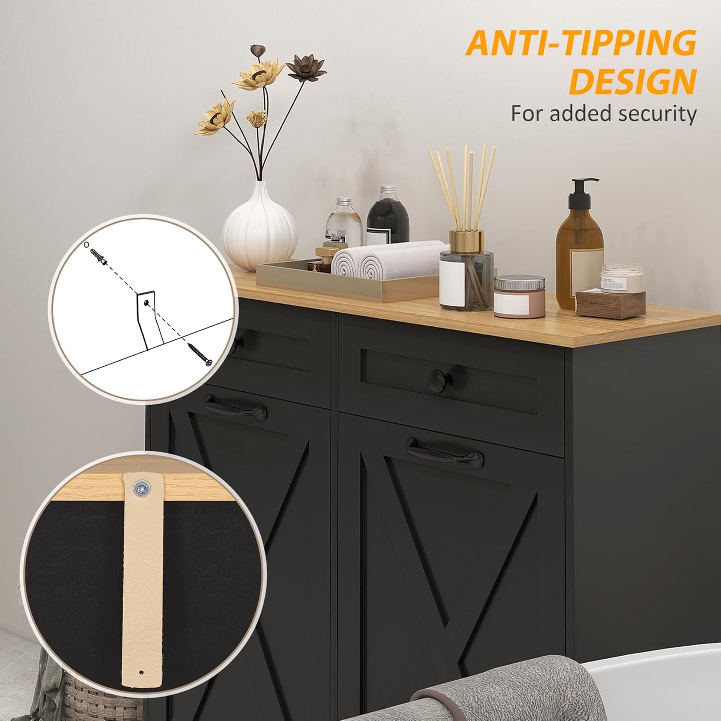 HOMCOM Tilt Out Laundry Hamper Cabinet with 2 Removable Baskets, Freestanding Bathroom Storage Cabinet with 2 Drawers, Trash Can Cabinet for Living Room, Laundry Room, Black