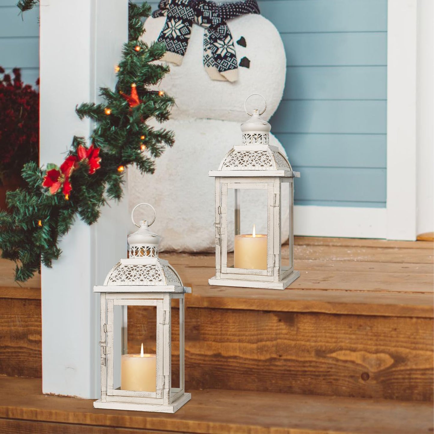 DECORKEY Lantern Decorative Indoor&Outdoor, 2 Pack 14.4'' Large Metal Candle Lanterns, Vintage Hanging Candle Holders for Farmhouse Wedding Front Porch Patio, Halloween Christmas Decorations for Home
