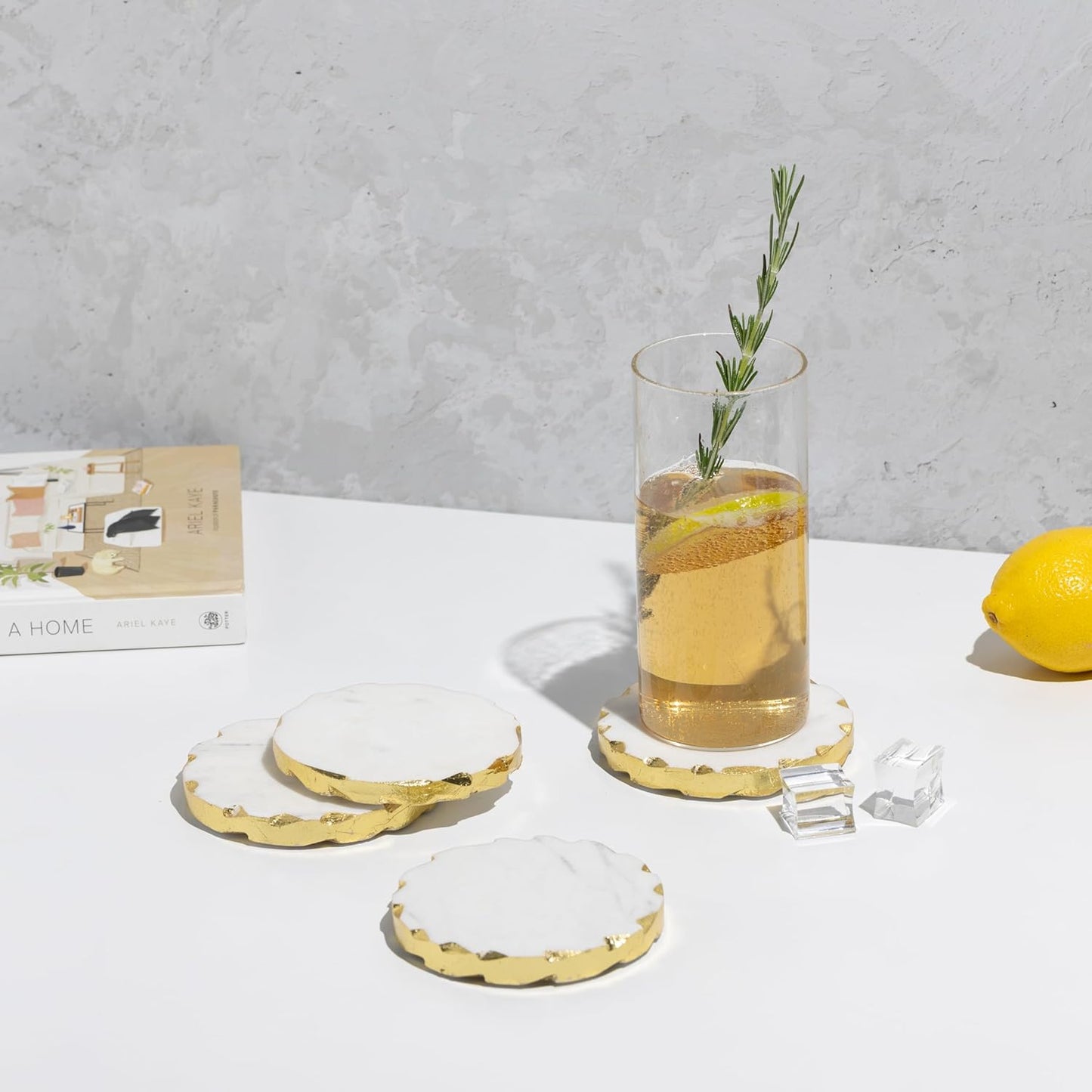 Set of 6 Real Marble Coasters with Golden Borders, decoratice White & Gold Coasters for Desk, Coffee Table | Thick & Heavy Aesthetic Coaster Set, 4 inch Dia (Gold)