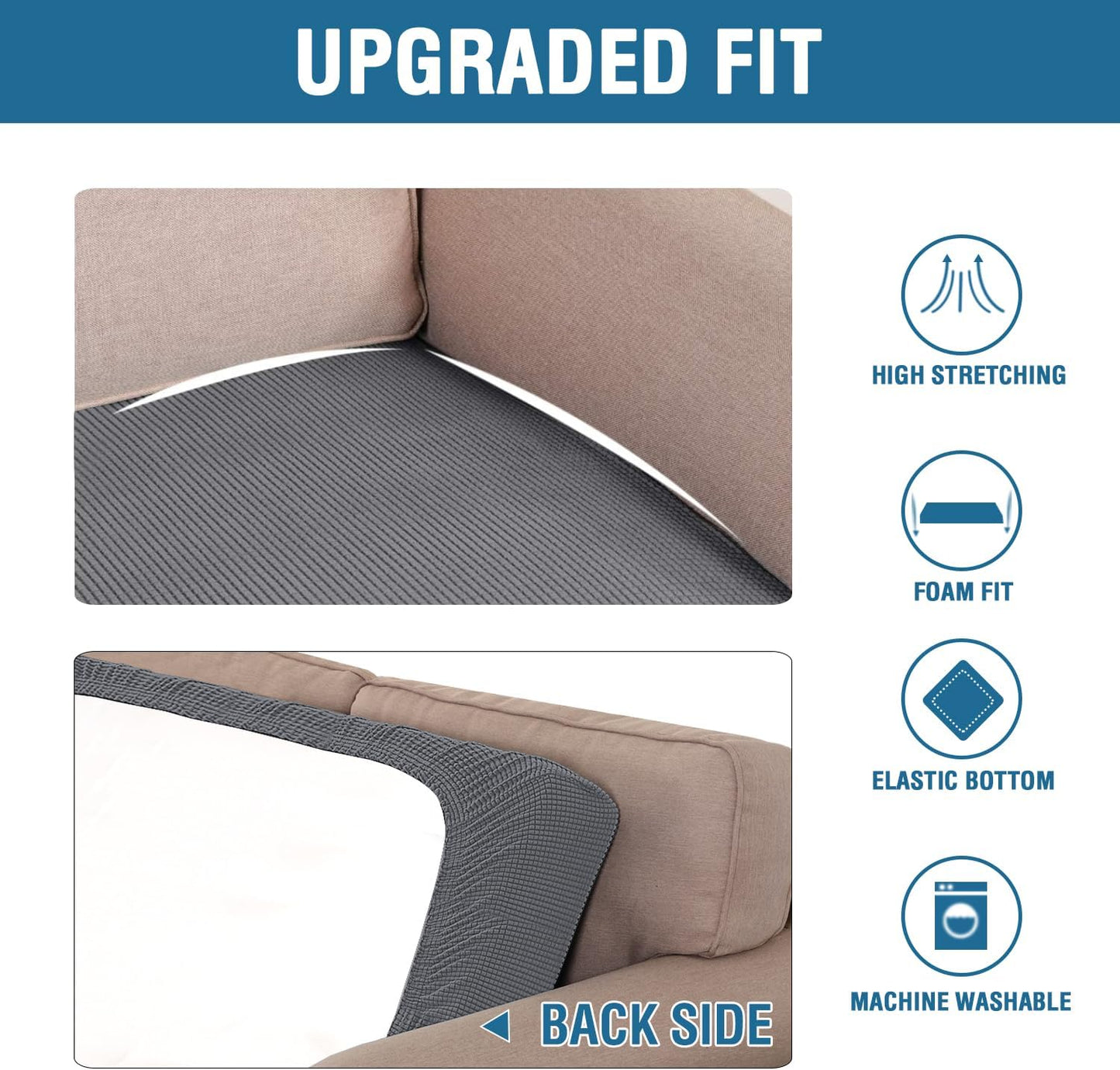 H.VERSAILTEX Super Stretch Individual Seat Cushion Covers Sofa Covers Couch Cushion Covers Slipcover Sets Thick Jacquard Textured Twill Fabric (1 Piece Sofa Cushion Cover, Grey)