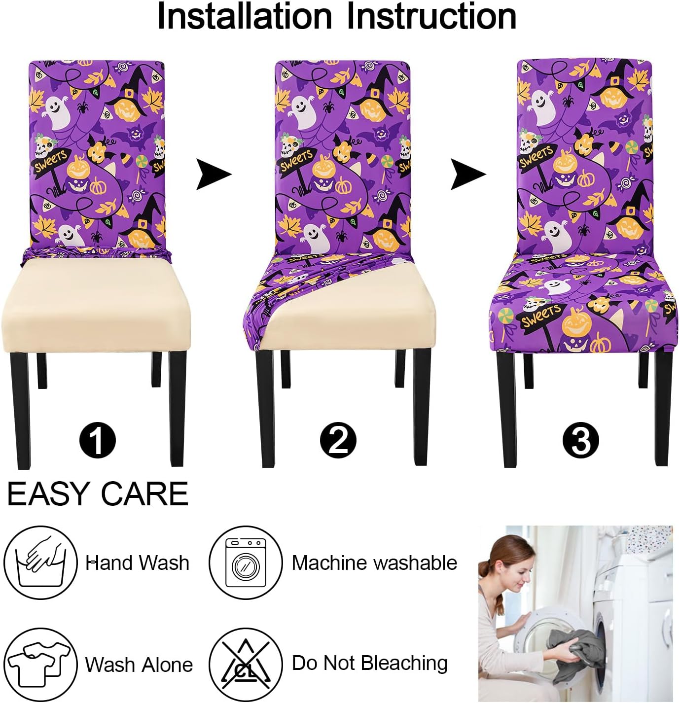 JQinHome Purple Halloween Chair Slipcover, Spider Web Chair Covers Set of 4, High Stretch Washable Chair Protector Cover for Dining Room, Kitchen,Home Party,Wedding Ceremony(Purple Candy,4PC)