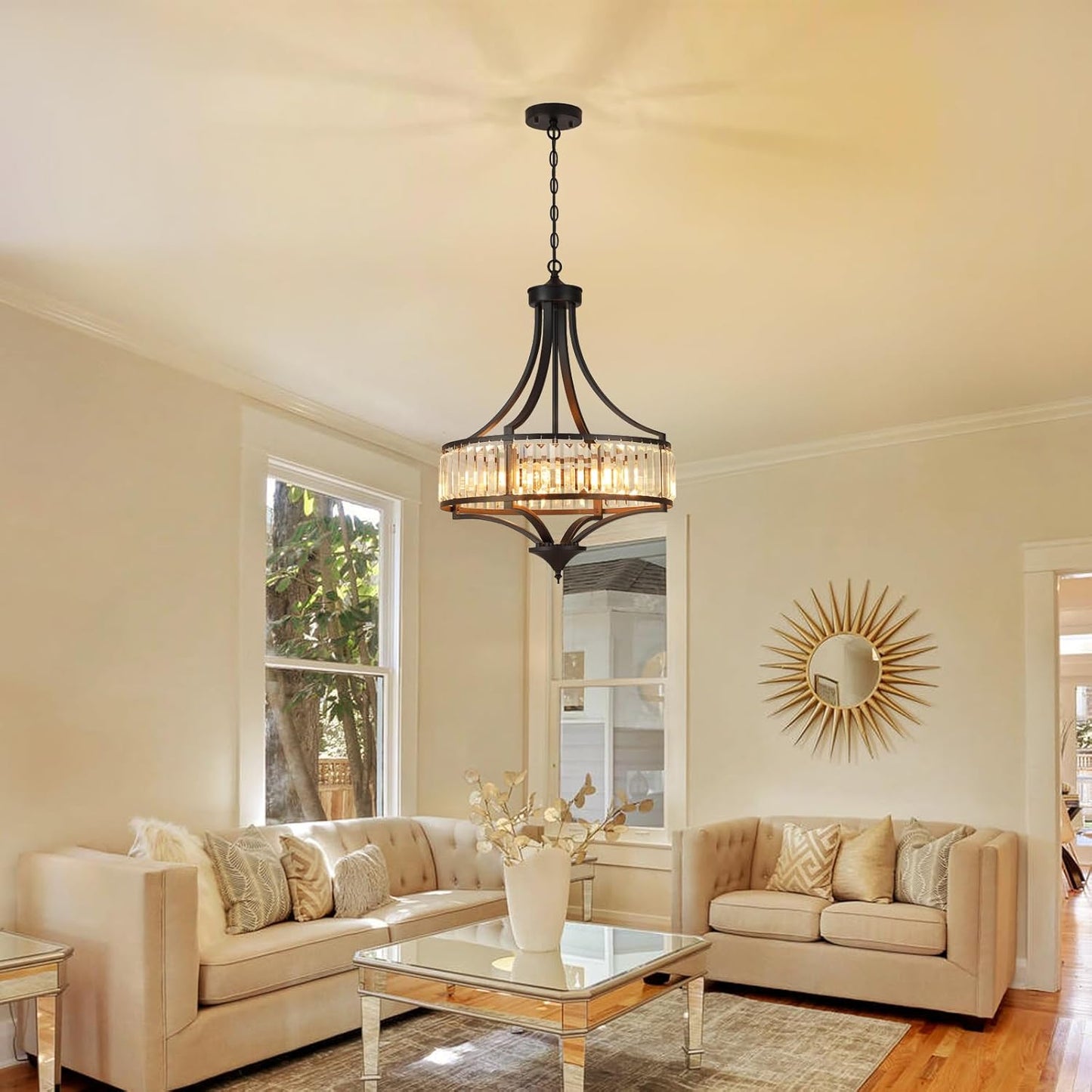 Modern Black Crystal Chandelier, 20 Inch Large Ceiling Pendant Light Fixture with 50'' Adjustable Hanging Chain, 5-Light Farmhouse Chandelier for Dining Room, Living Room, Bedroom, Entryway