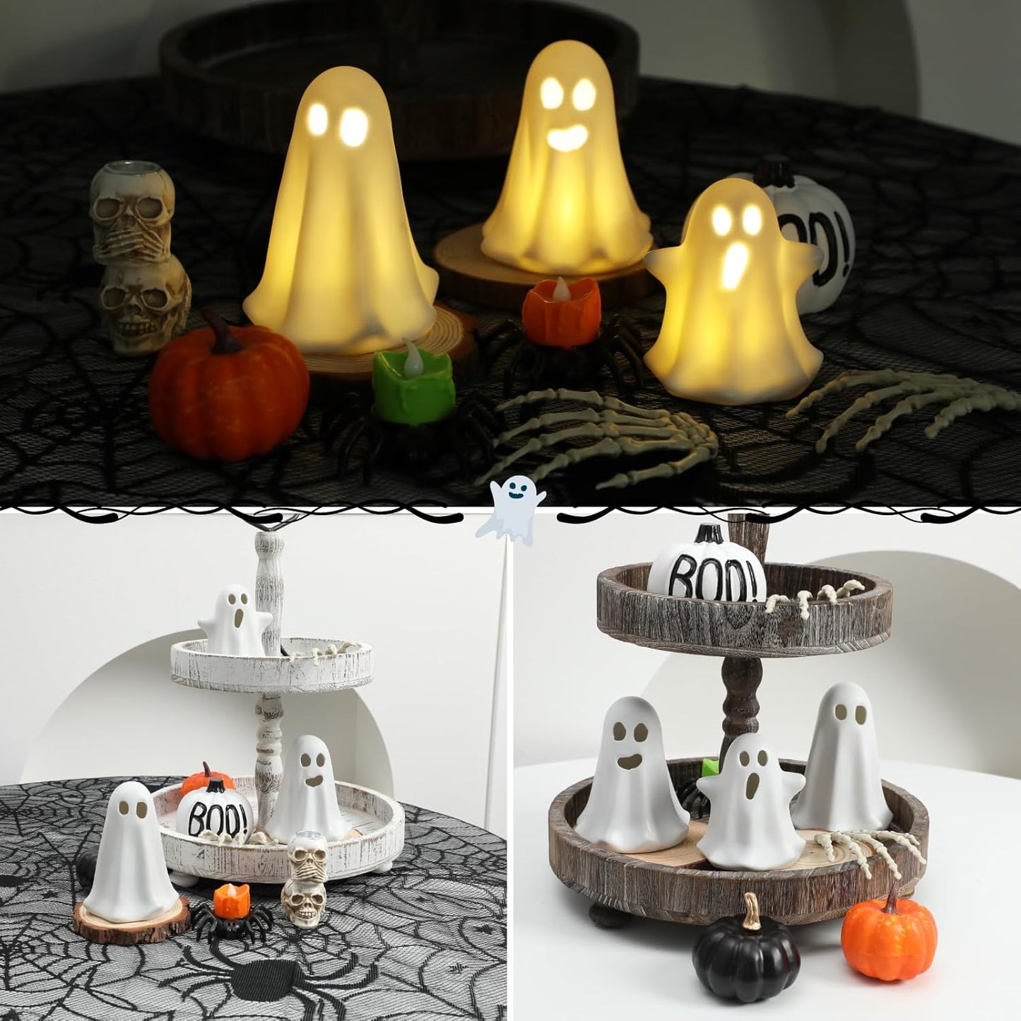 3 Pack Halloween Ceramic Ghost Decor, Light Up Ghost Halloween Decor, Cute Ghost Figurines for Table Tray Fireplace Home Indoor Decoration