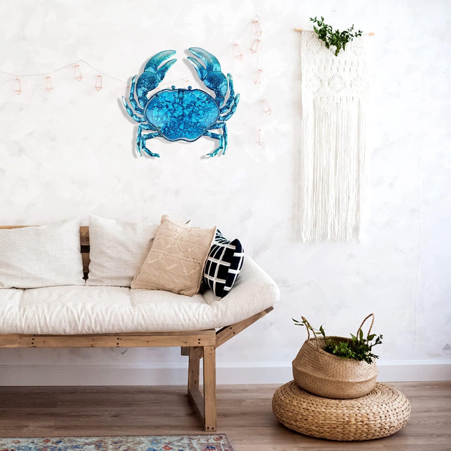John's Studio Crab Wall Decor Outdoor Metal Bathroom Hanging Art Glass Blue Ocean Theme Decorations for Home, Pool and Patio