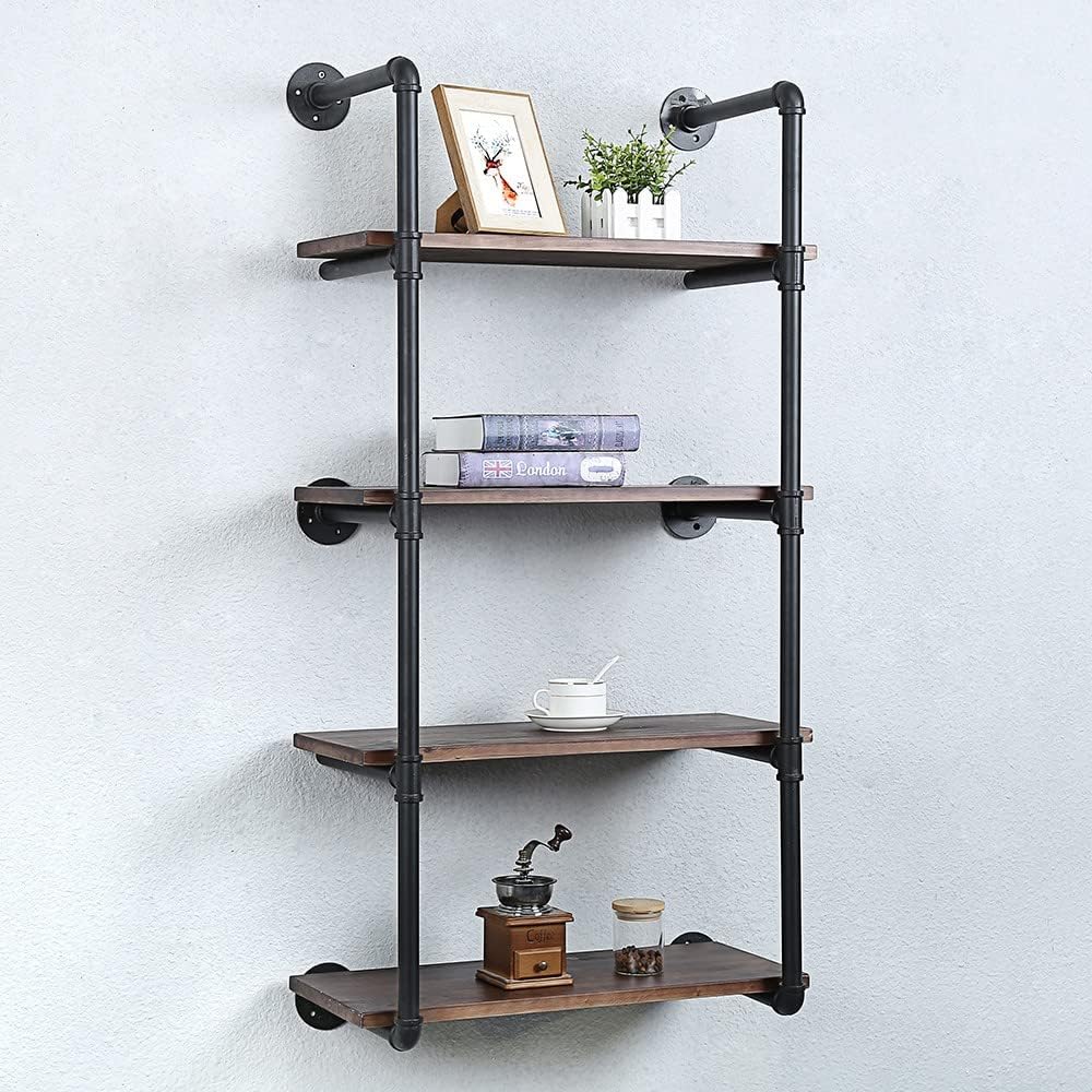 Industrial Pipe Shelving Wall Mounted,24in Rustic Metal Floating Shelves,Steampunk Real Wood Book Shelves,Wall Shelf Unit Bookshelf Hanging Wall Shelves,Farmhouse Kitchen Bar Shelving(4 Tier)