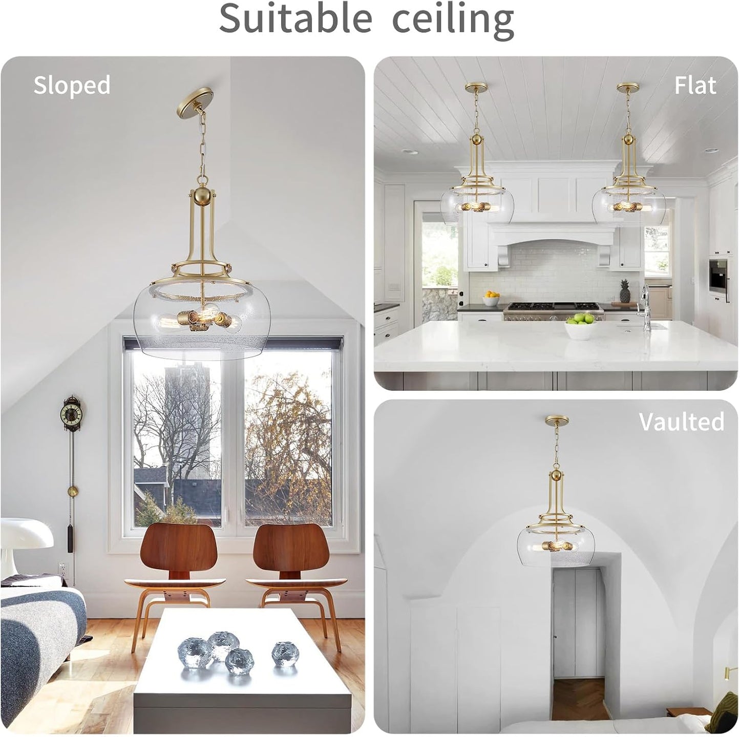 WUZUPS Chandelier Rustic Farmhouse Industrial Round Ceiling Pendant LED Light Fixture Clear Seeded Glass Shade for Dining Room Kitchen Island Foyer Entryway, H 20.9" x W 15.9", Gold