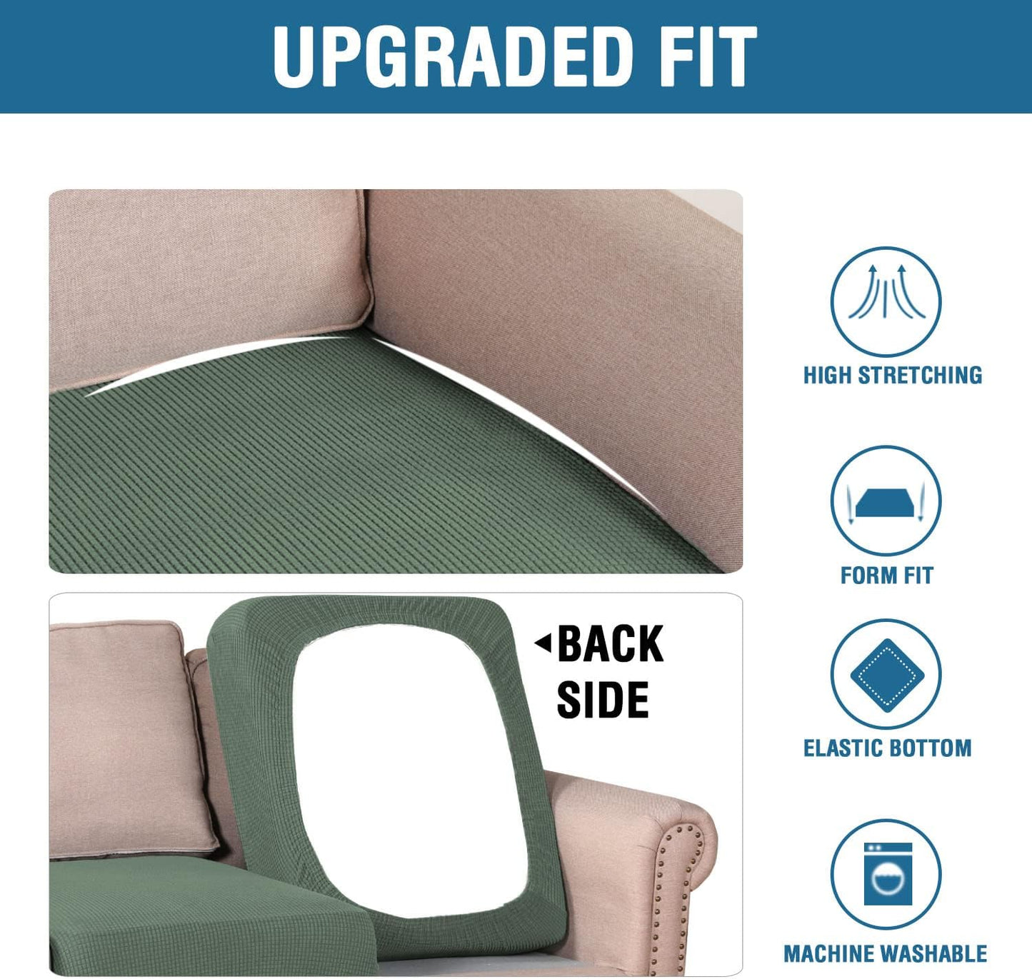 H.VERSAILTEX Super Stretch Individual Seat Cushion Covers Sofa Covers Couch Cushion Covers Slipcover Sets Thick Jacquard Textured Twill Fabric (2 Piece Medium Sofa Cushion Covers, Loden Frost)