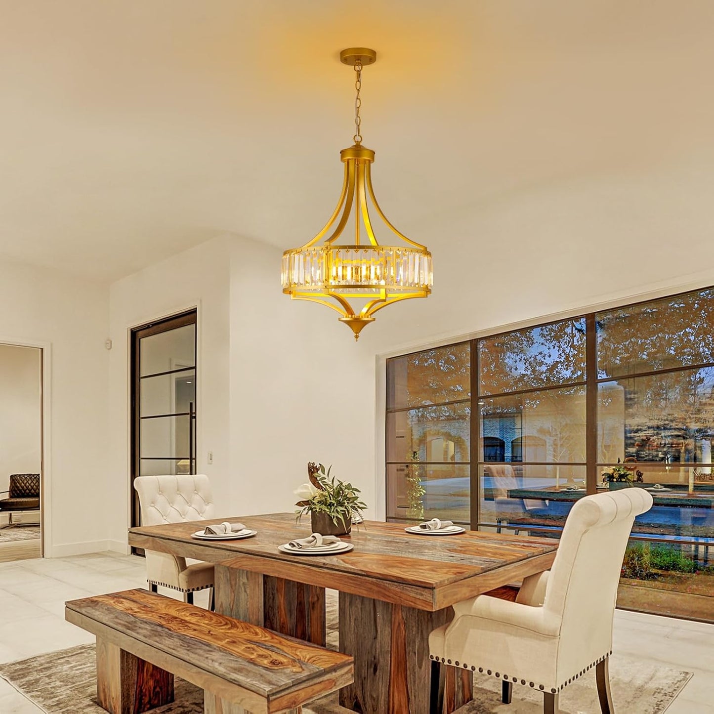 Modern Gold Crystal Chandelier, 20 Inch Large Ceiling Pendant Light Fixture with 50'' Adjustable Hanging Chain, 5-Light Farmhouse Chandelier for Dining Room, Living Room, Bedroom, Entryway