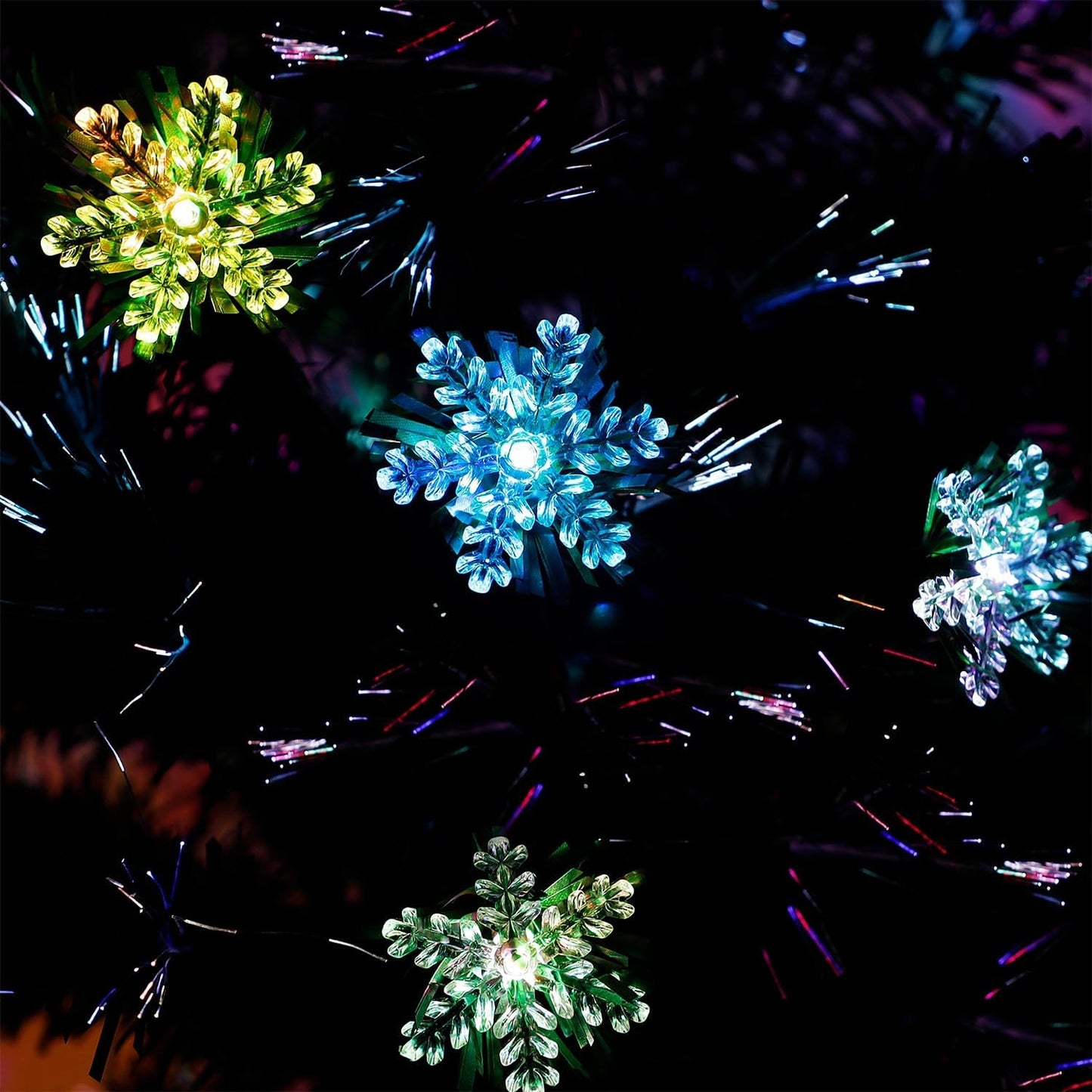 Juegoal 3 ft Pre-Lit Green Artificial Christmas Tree, Lighted Optical Fiber Table Mini Xmas Trees with Color Changing Lights, Snowflakes & Top Star, Fake Multicolored Tree for Festive Party Holiday