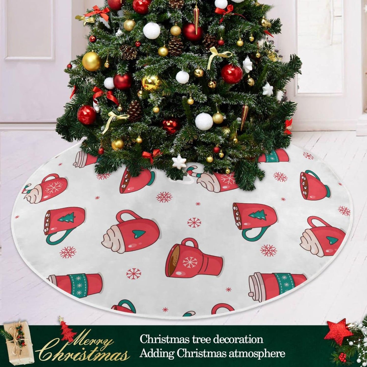 Christmas Hot Chocolate Coffee Tree Skirt, Seasonal Tree Mat Holiday Party Supplies Ornaments Indoor Outdoor Decorations for Tabletop Trees 35.4 Inches