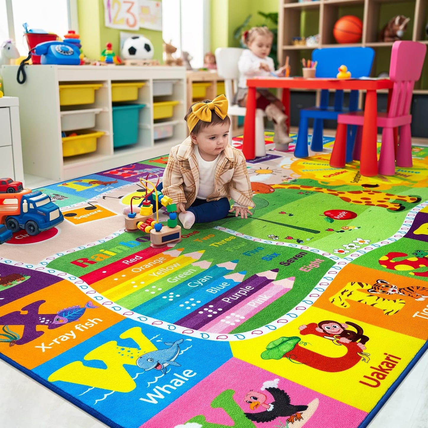 9x12 Washable Area Rug, Educational and Fun Kids Rug for Classroom Playroom Living Room Bedroom, Learning and Safe Playmat with ABC Alphabet Animals,Baby Toddler Children Play Mat