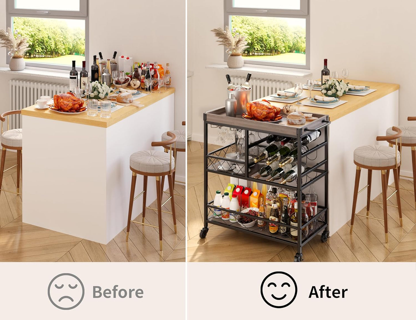 Gizoon Rolling Bar Cart, a Versatile Beverage Cart with a Removable Tray, 12-Bottle Wine Rack, and Glass Holder, The Bar Cart is Perfect for Kitchen, Dining Room, or Outdoor Use (Gray)