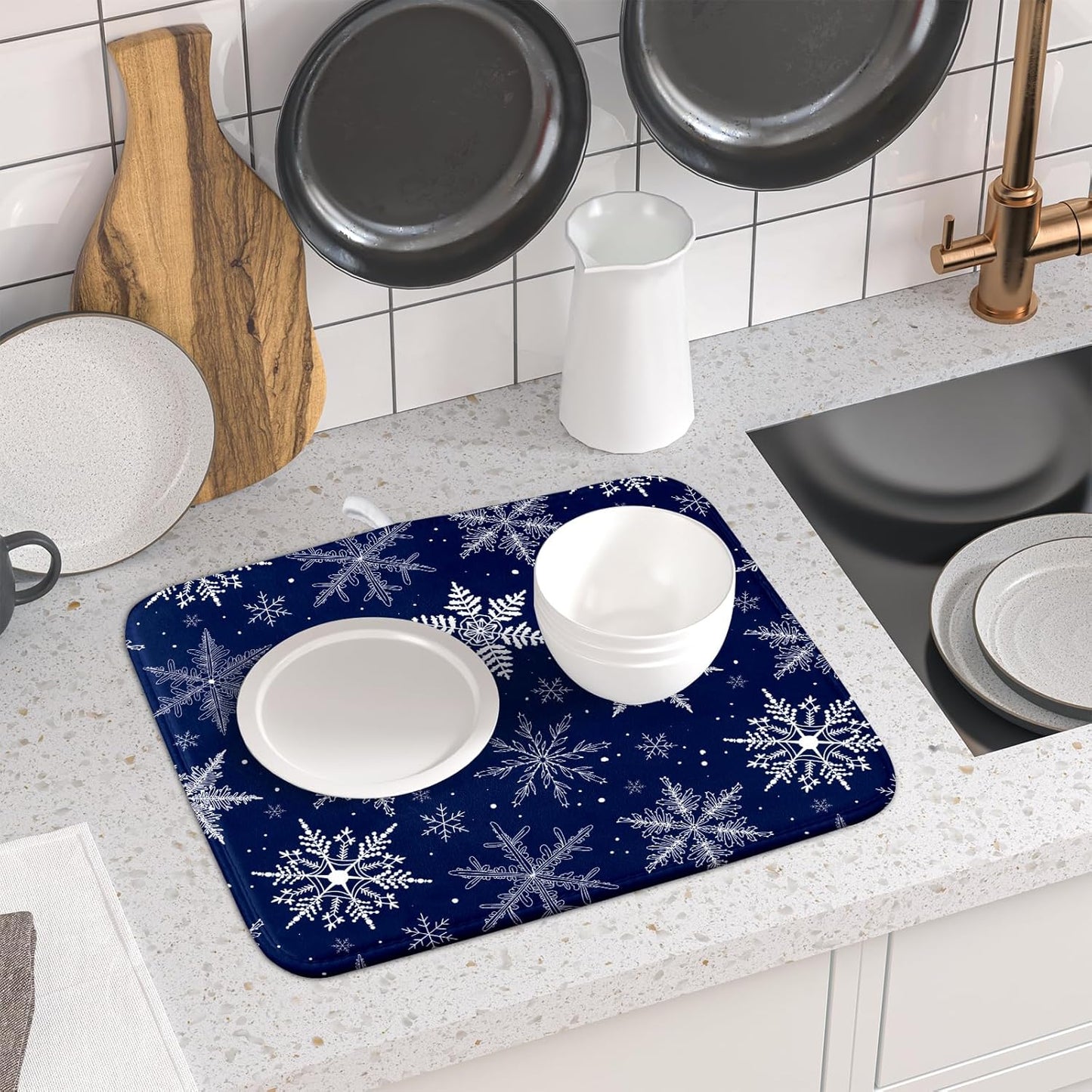 Winter blue Snowflake Dish Drying Mat for Kitchen Counter Holiday Super Absorbent Reversible Microfiber Kitchen Countertop Protector Dishes Pad Small 16x18 inch