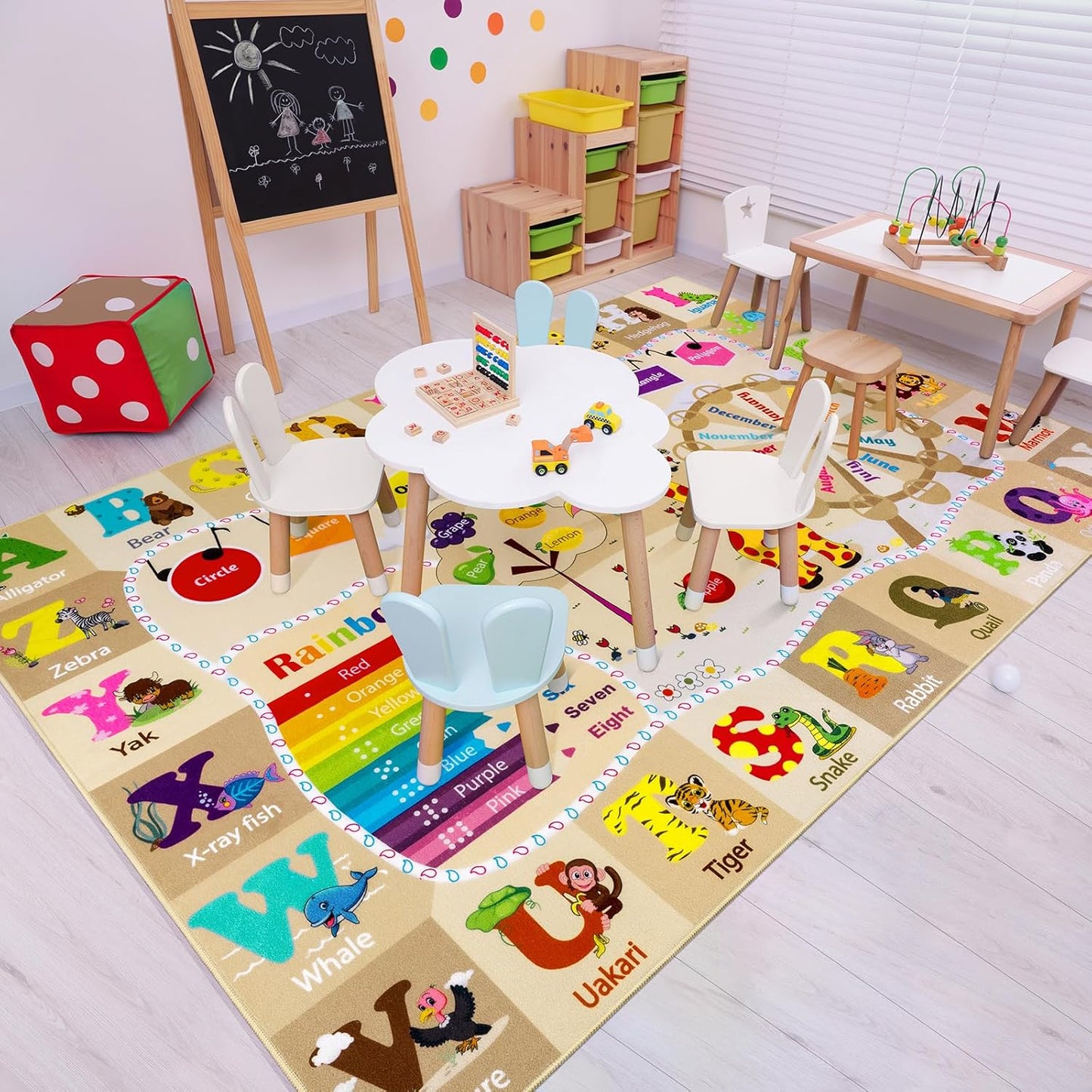 Kids Rugs for Playroom Washable, Educational and Fun Learning Rugs with ABC Alphabet Animals Shapes, Baby Toddler Children's Play Mat for Bedroom Classroom Nursery, 3x5 Feet, Beige and Pink