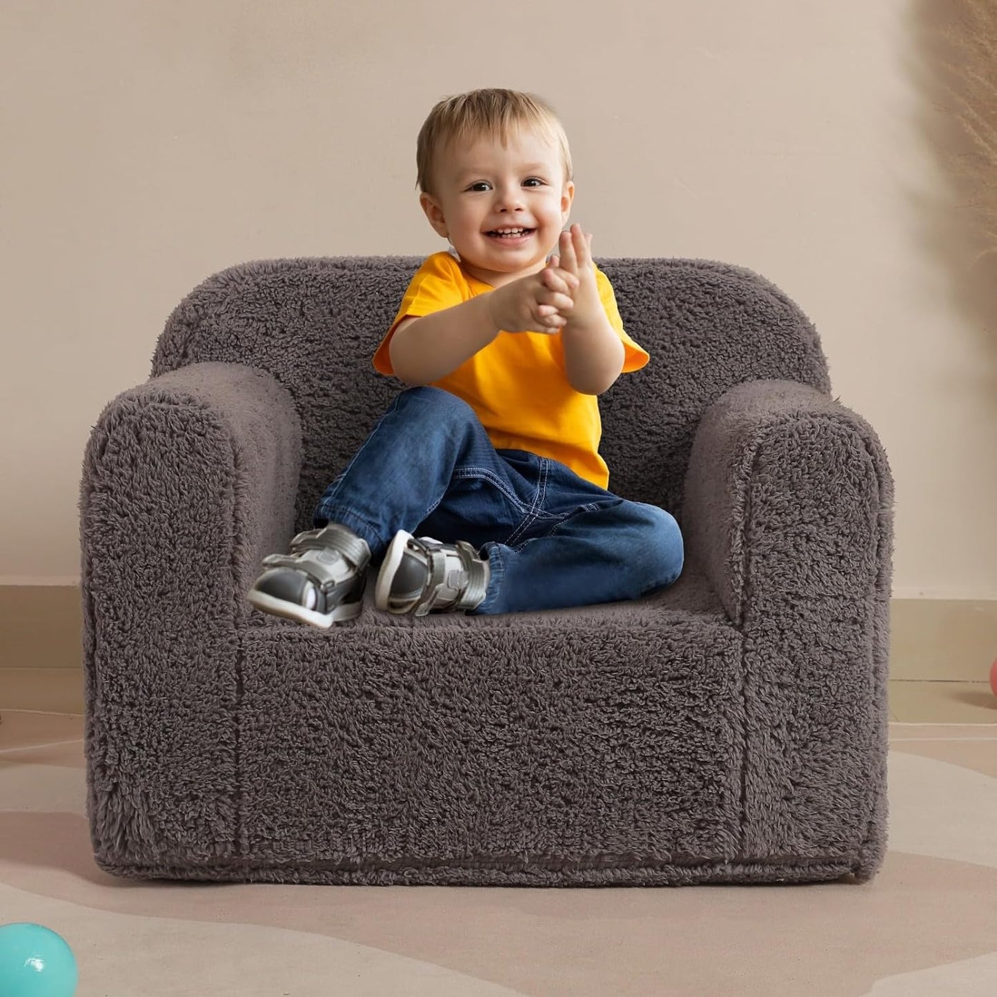 Kids Snuggly-Soft Sherpa Chair, Cuddly Toddler Foam Chair for Boys and Girls, Grey
