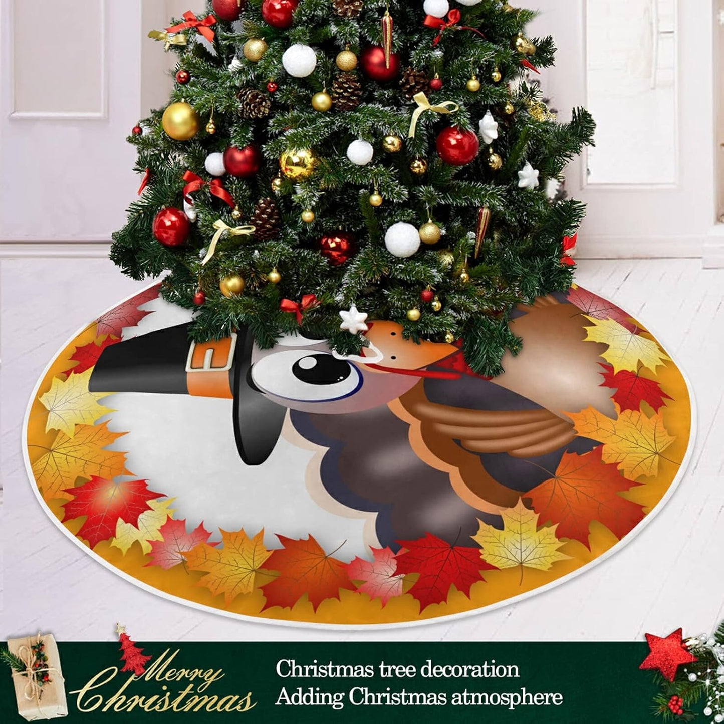 Thanksgiving Turkey Maple LeafTree Skirt, Seasonal Tree Mat Holiday Party Supplies Ornaments Indoor Outdoor Decorations for Tabletop Trees 47.2 Inches