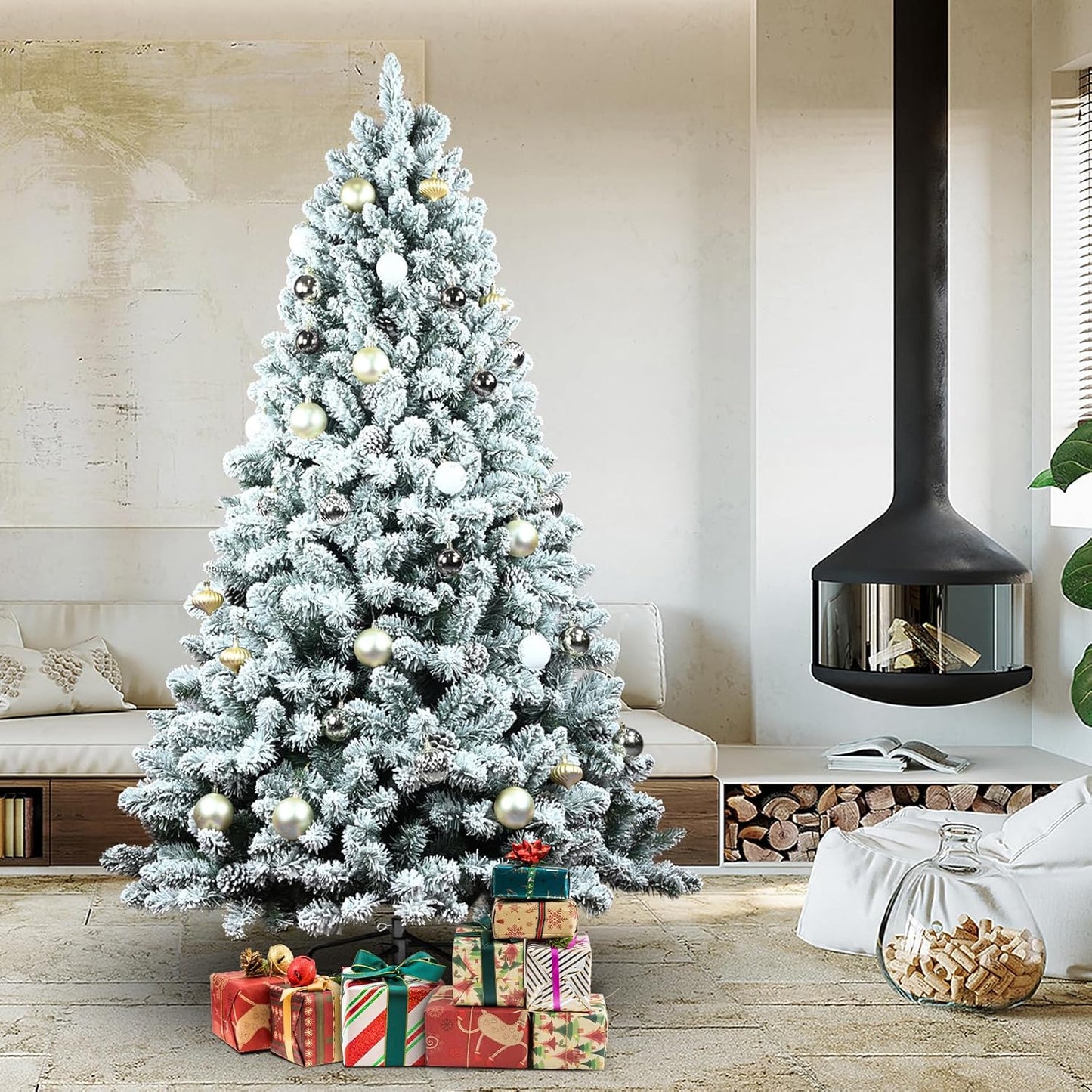 6ft Snow Flocked Christmas Tree, Unlit Artificial Holiday Christmas Pine Tree, Hinged Xmas Tree with Pine Cone, Full Appearance Snowy w/Easy Assembly, Metal Stand