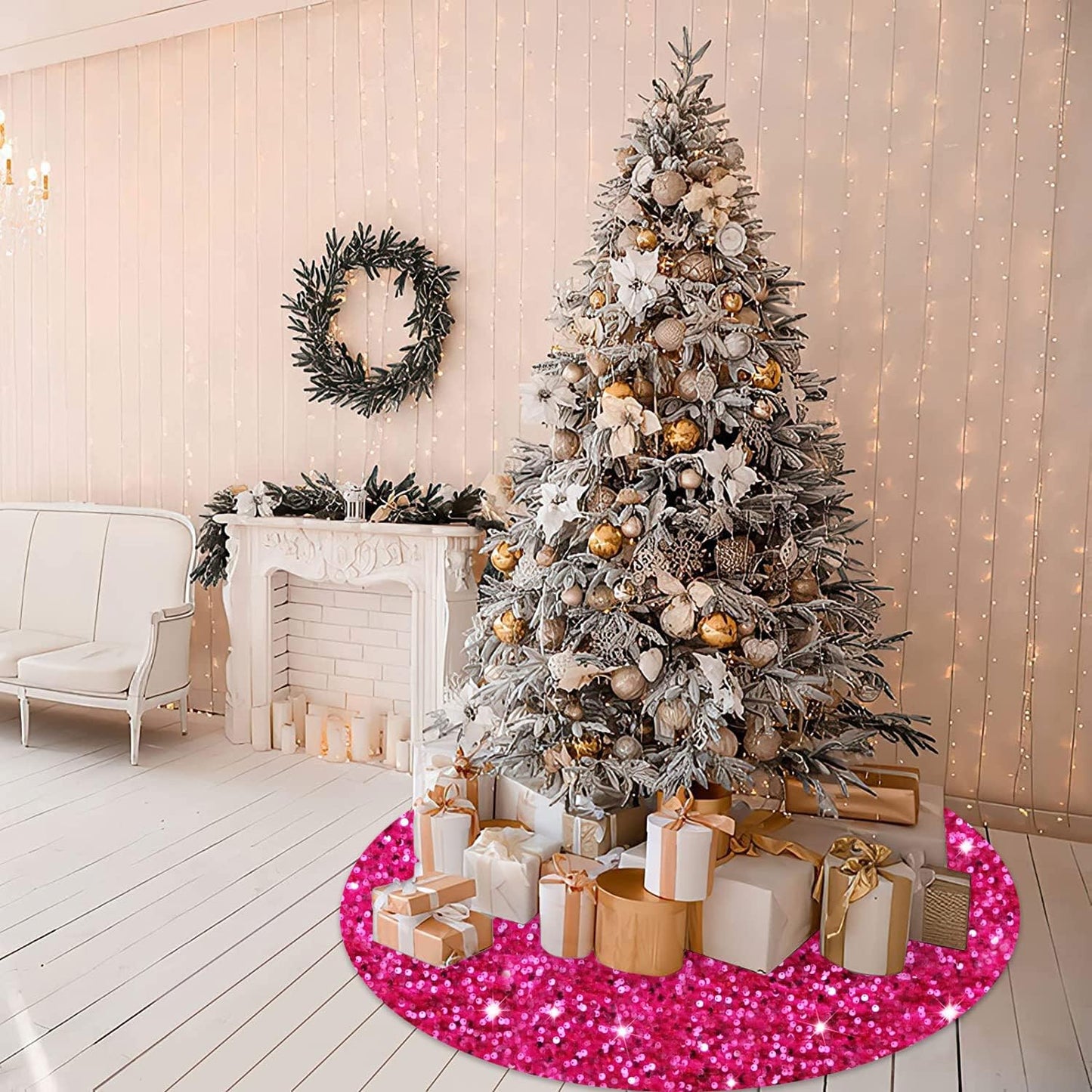 MODFUNS Glitter Christmas Tree Skirt Hot Pink Sparkly Tree Skirt 60 Inch Christmas Tree Mat Large Sequins Xmas Tree Skirt Rustic Shiny Tree Carpet Velvet Tree Cover Skirt for Xmas Celebration Decor