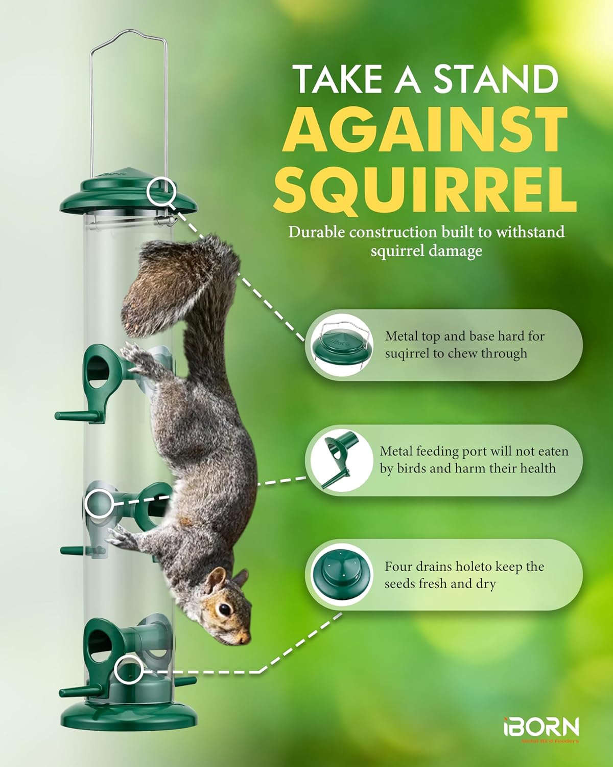 iBorn Metal Bird Feeders 6 Ports Hanging Wild Bird Seed Feeder for Mix Seed Blends, Niger Seed Feeder, Sunflower Heart, Birdbath, Heavy Duty All Metal Green Finishing 14 Inch 6Port, Pack of 2