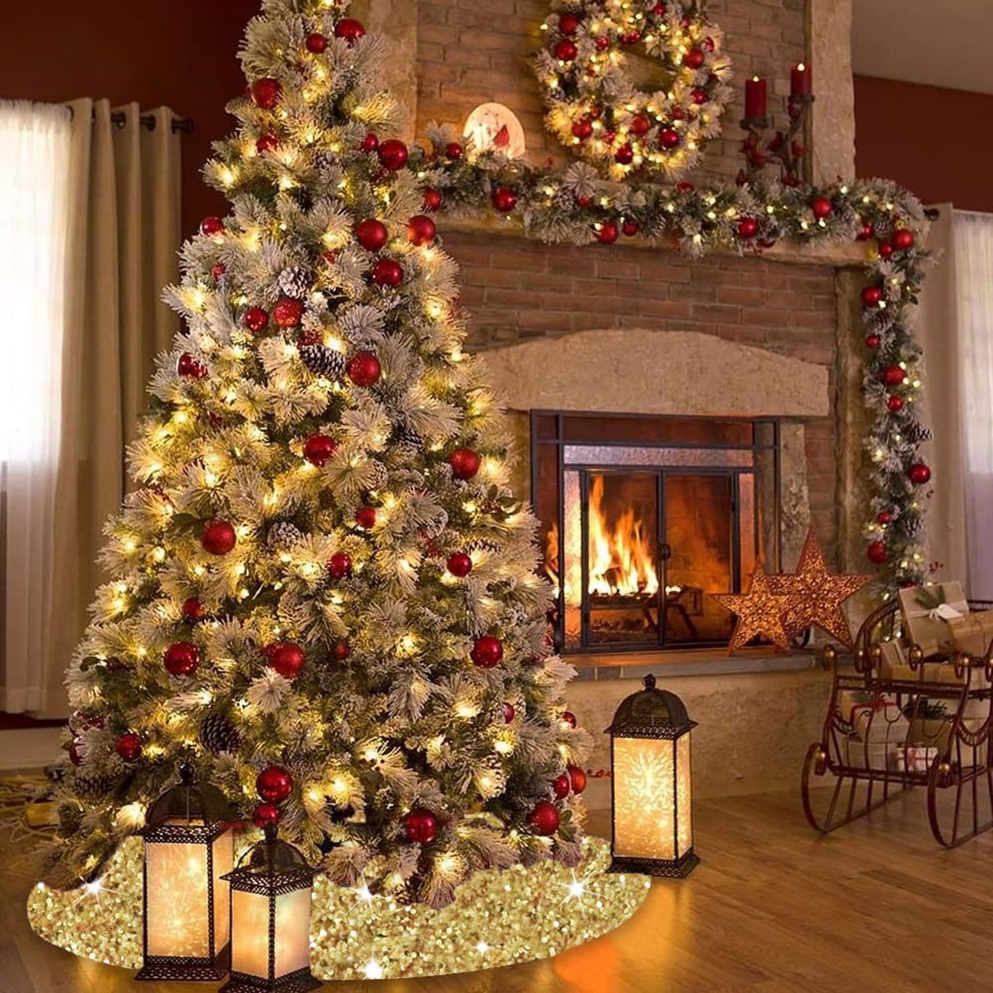 Gold Tree Skirt 46 Inch Shiny Sequin Christmas Tree Skirt Christmas Decorations for Feast Tree Velour Glittery Xmas Tree Skirts Round Metallic Christmas Tree Mat Skirt Vintage Sequins Tree Blanket.