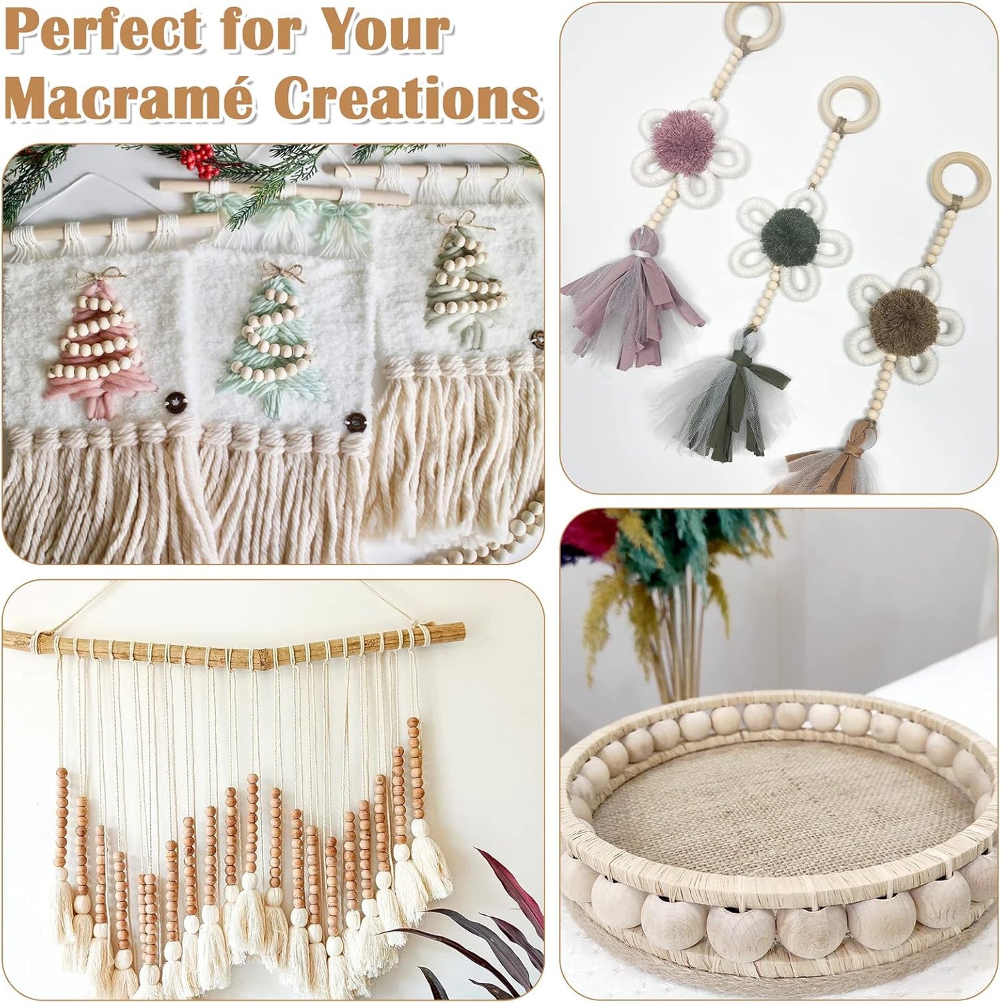 Wooden Beads for Crafts, 660 Pcs Natural Loose Wood Beads Rings Bulk Include Unfinished Beads with Holes, Smooth Wooden Ring, Polygon Spacer Beads Twine for Ornament Jewelry Making Home Garland Décor