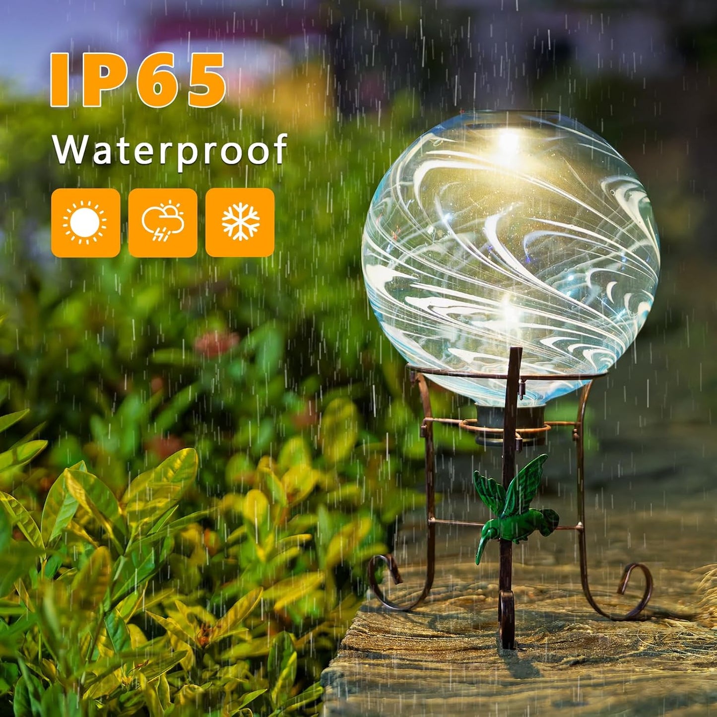 10 Inch Solar Glass Gazing Ball, with 9.4" Tall Metal Gazing Globe Stand, Solar Ball Lights Display Holder Set for Outdoor Garden Lawn Yard Decoration, Blue Water Ripple