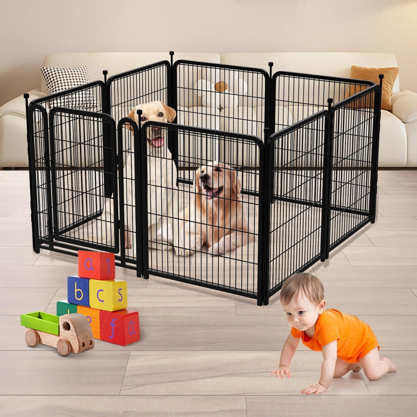 Dog Playpen 48 inch(H) 8 Panels Total 17.7 Ft(L) Dog Fence Outdoor for Yard. Wide Door Low Threshold,Metal Dog Pen Heavy Duty Pet Puppy Exercise Pen for Rv Camping Garden Yard