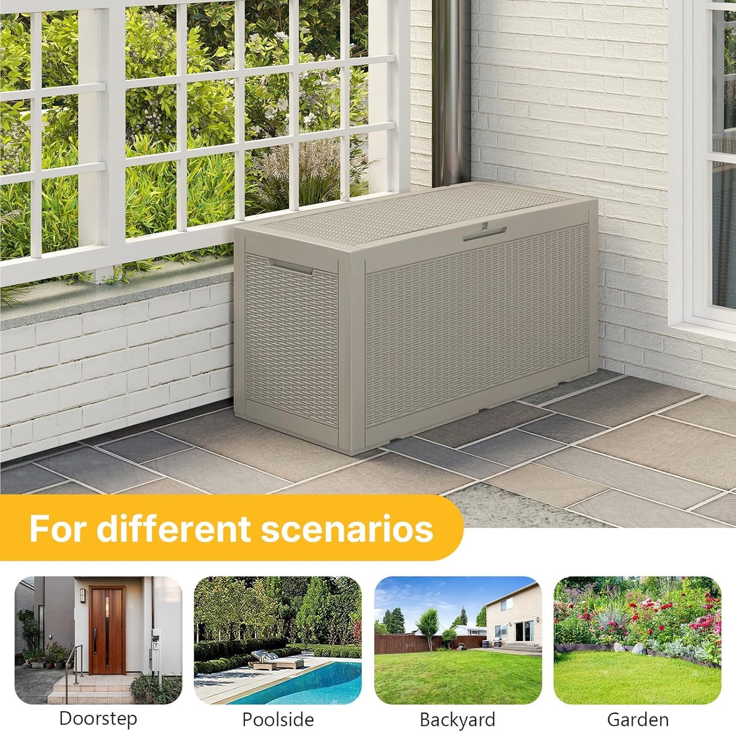 100 Gallon Deck Box Outdoor Waterproof, Rattan Outdoor Storage Box, Patio Storage Boxes for Cushions, Pillow, Garden Tools, Equipment