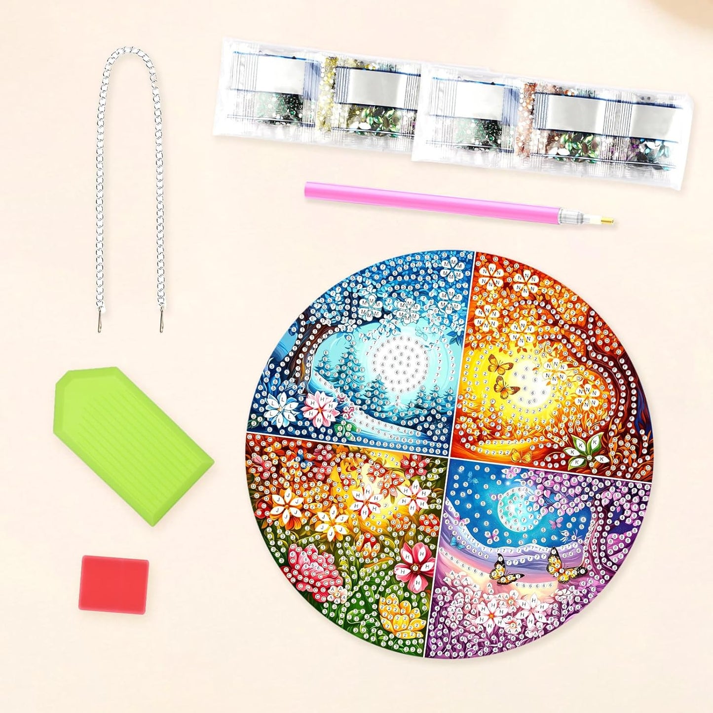 Lxmsja DIY Four Seasons Diamond Painting Hanging Ornament, Double-Sided Acrylic Landscape Diamond Art Kit, Special Shaped Drill Pendant Window Art Kit, Suncatcher Hanging Craft Decoration 8x8 inch