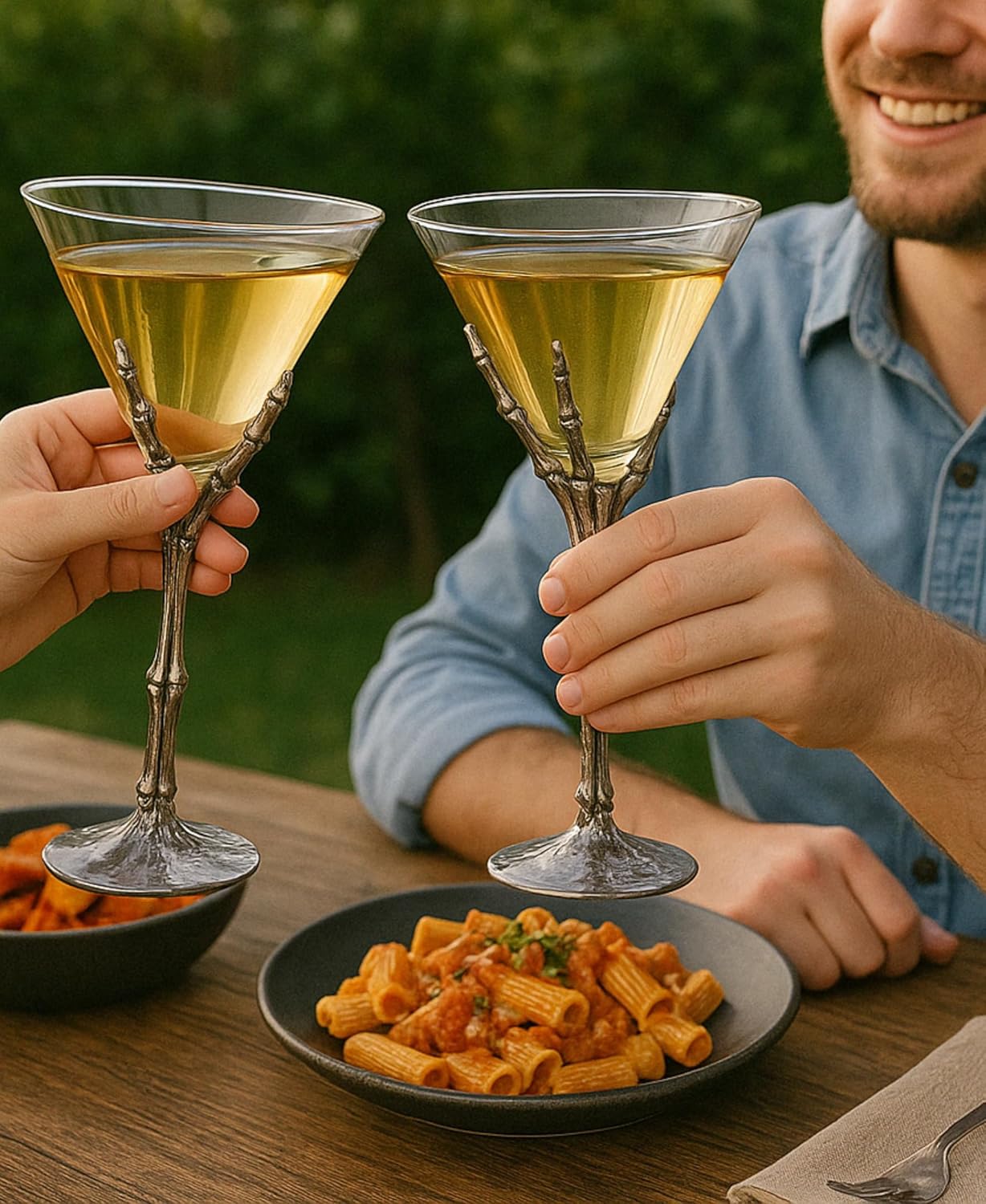 Stemmed Skeleton Martini Glasses Set of 2 – 9" Gothic Skeleton Hand Cocktail Glasses – Spooky Halloween Barware for Drinks, Wine & Martinis – Goth Party Decorations, Skeleton Gifts & Unique Glass Set
