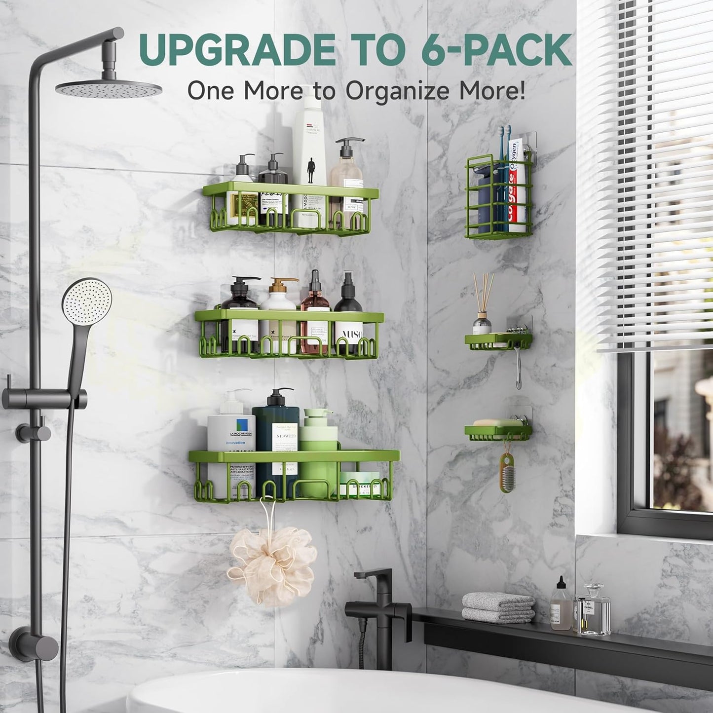 Veken Rustproof & Waterproof Shower Caddy 6-Pack, No Drilling Adhesive Shelves Rack with Soap Holder, Large Capacity Bathroom Organizers and Storage, Wall-Mounted Kitchen & Home Decor