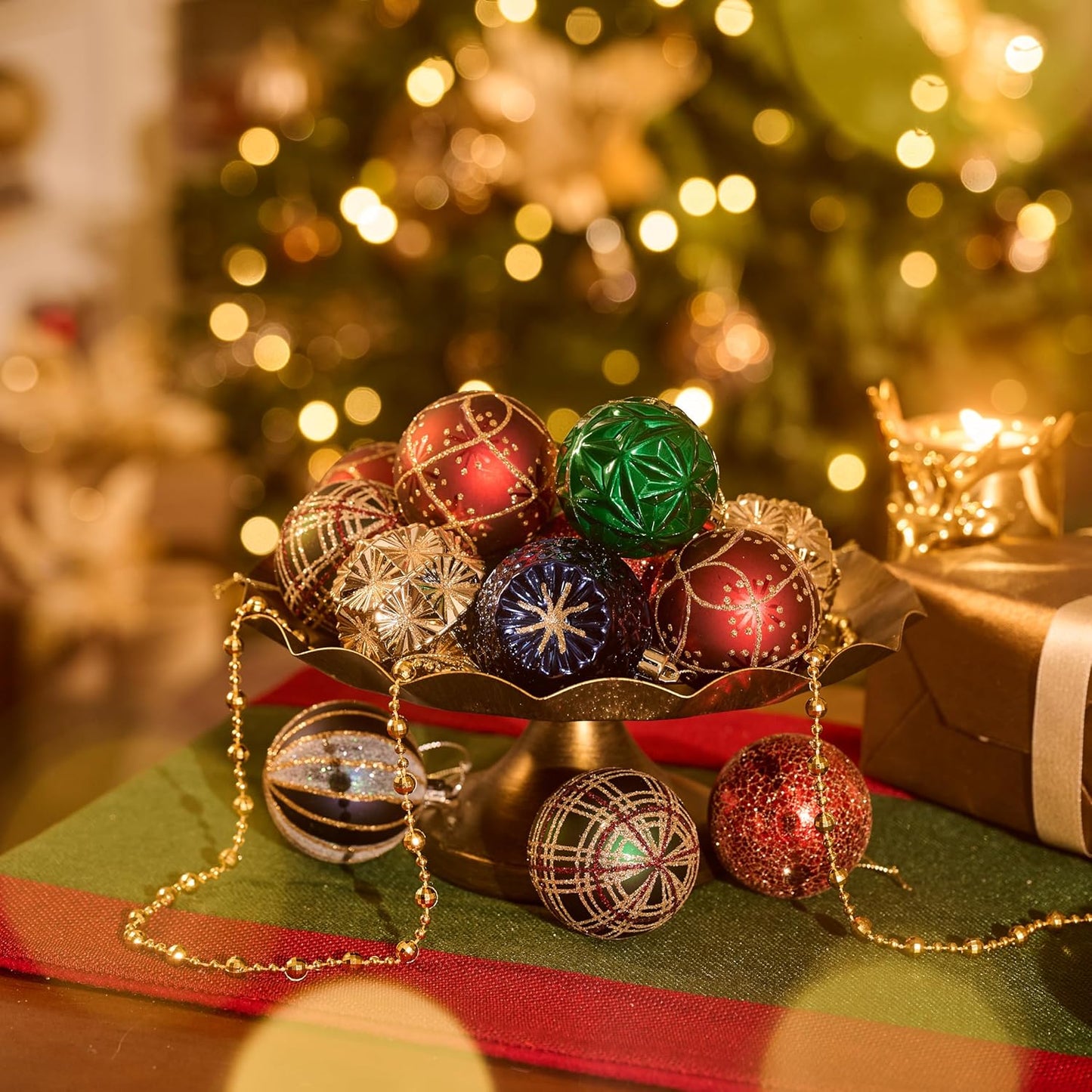 Valery Madelyn Ornaments for Christmas Trees, 16ct 2.36 Inches Red Green and Gold Shatterproof Christmas Tree Decorations, Luxury Hanging Ball Ornaments for Xmas Holiday Party Decor