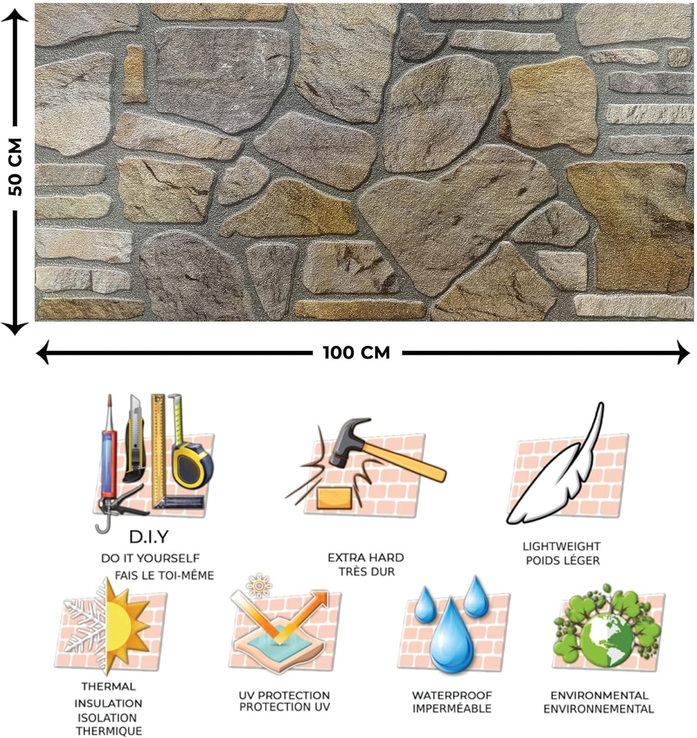 Dundee Deco 3D Wall Panels - Cladding, Grey Gold Stone Look Wall Paneling, Styrofoam Facing for Interior and Exterior Applications, DIY, Set of 5, Covers 27 sq ft