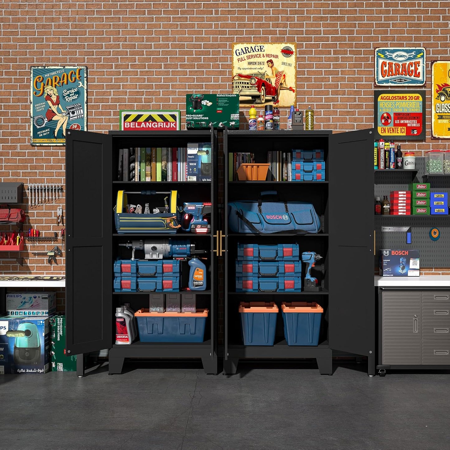 Black Metal Storage Cabinet, 61" Steel Cabinets for Home Office, Kitchen Pantry Storage Cabinet with Doors and 3 Adjustable Shelves, Metal Tool Cabinet, for Office, Home, Garage, School