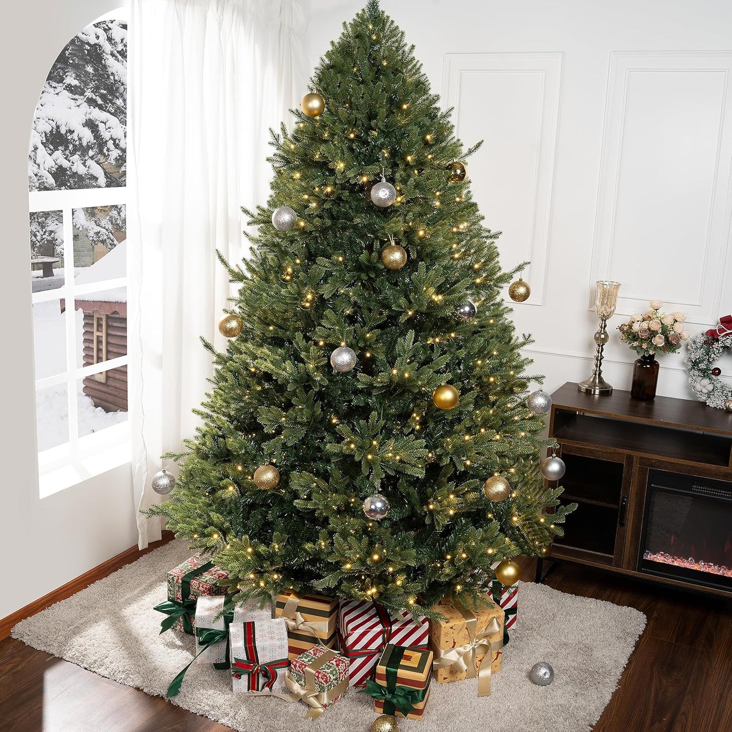 Kinsley 6.5ft Prelit Aritificial Christmas Tree with 3156 Branch Tips, 450 Warm Lights and Metal Stand, 53" Wide Realistic Traditional Christmas Tree with Lights by Naomi Home