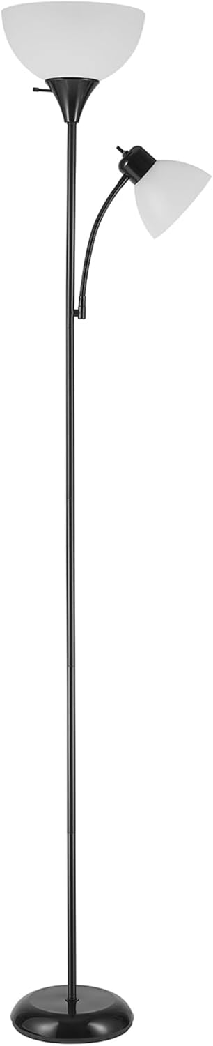 GLOBE Electric 67135 72" Torchiere Floor Lamp and Adjustable Reading Light, Matte Black, Frosted Shade, Dual Rotary Switch, 3-Step Dimming, Modern Lighting for Living Room or Office
