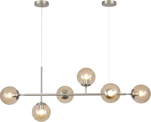 KCO Lighting Mid Century Modern Rectangle Light Fixture 6-Light Glass Globe Linear Chandelier Brushed Nickel Pendant Light Fixture Adjustable Kitchen Island Lighting (Silver+Amber)