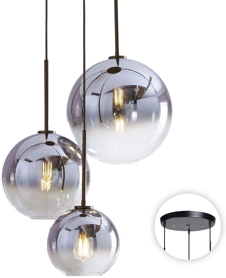 KCO Lighting Modern 3-Light Hanging Light Fixture Silver Gradient Glass Globe Pendant Ceiling Lighting with Adjustable Cord Mid Century Hanging Chandelier Light Fixture for Kitchen Island Bedroom…