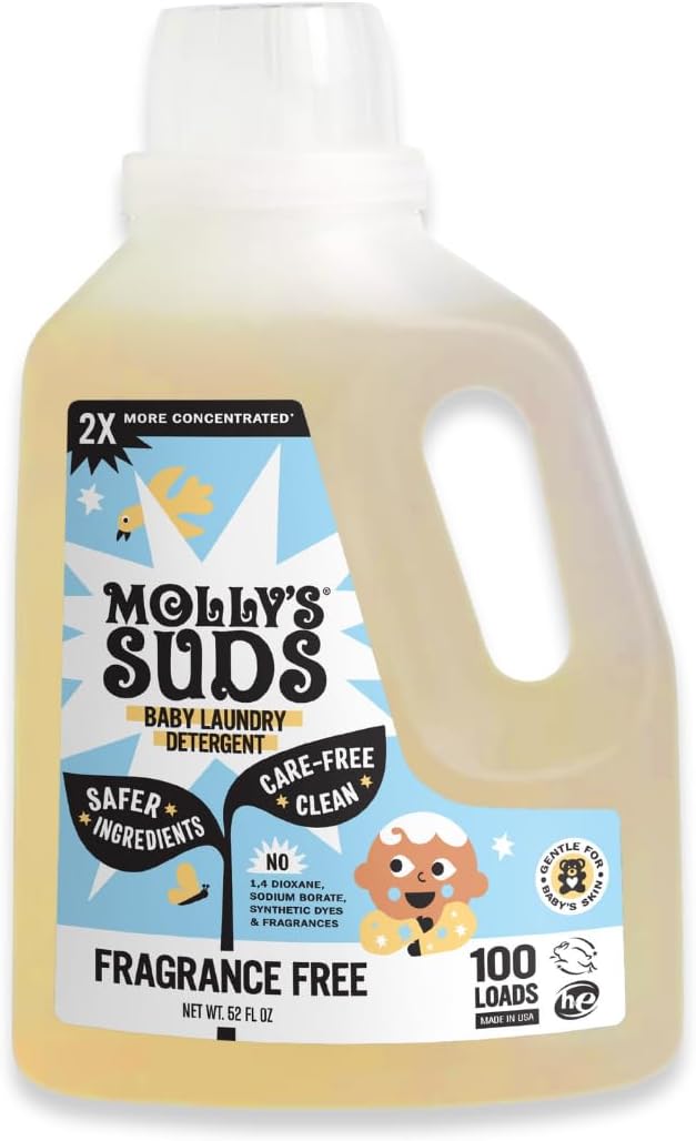 Molly's Suds Baby Liquid Laundry Detergent | Removes Formula, Poop & Spit-Up Stains | Extra Gentle for Infants, Babies, Toddlers (Fragrance Free, 100 Loads)